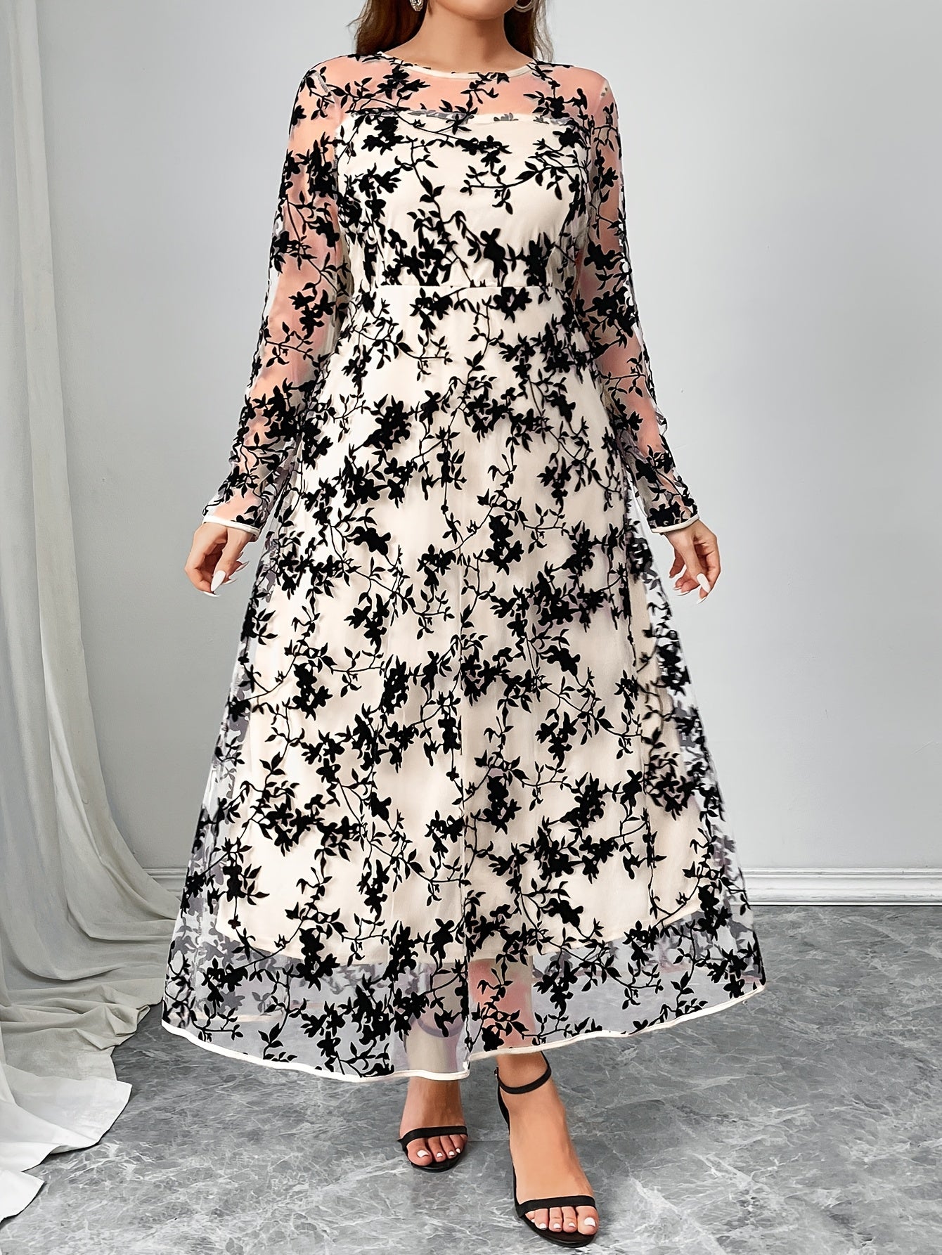 Elegant Plus Size Floral Print Long Sleeve Dress with Netted Hem - Flared Umbrella Skirt, Fitted Top & Flared Hem, All-Season Versatile for Casual & Formal Occasions