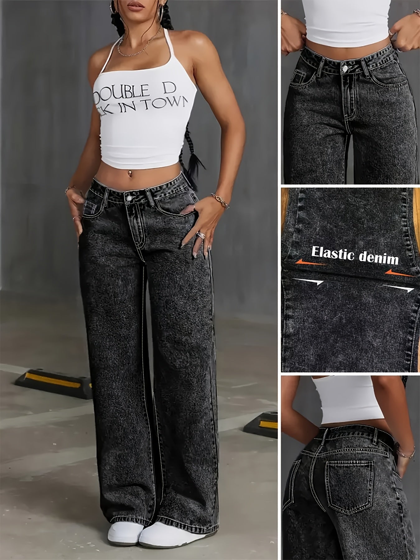 Jeans Femme Grande Taille Taille Haute Jambe Droite Extensible Effet Snow-Wash Confort Toute Saison Style Bohème Durable
