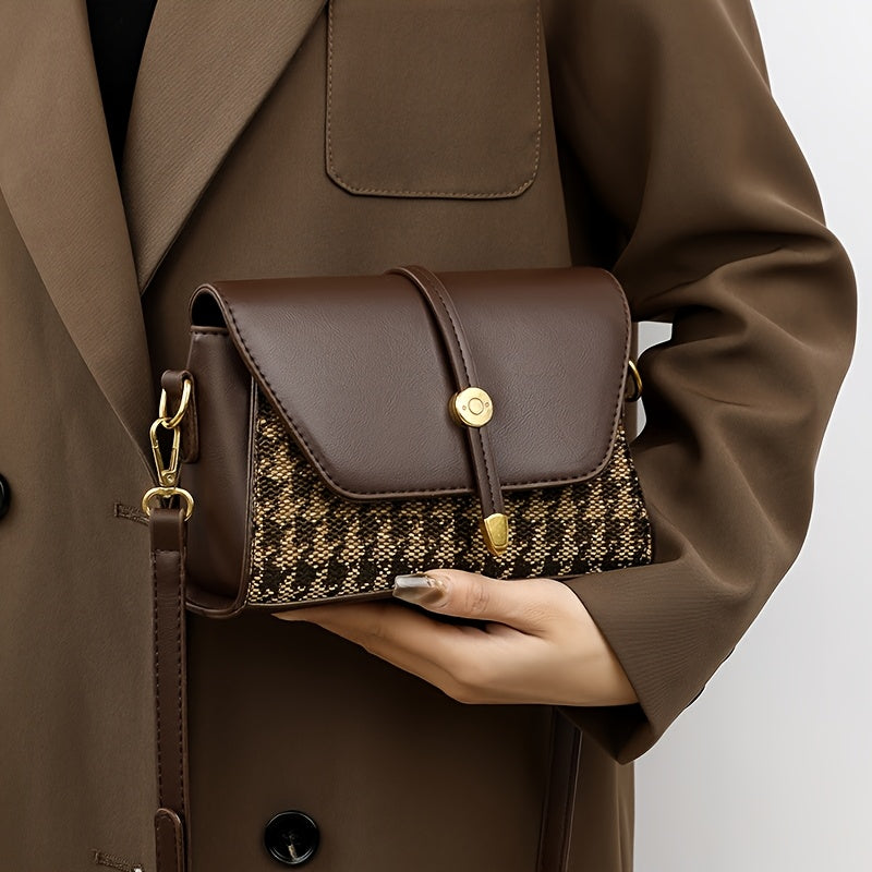 Sac bandoulière élégant – marron foncé uni avec patchwork pied-de-poule, fermeture zippée, doublure polyester, détails de peinture sur les bords, polyvalent pour toutes occasions