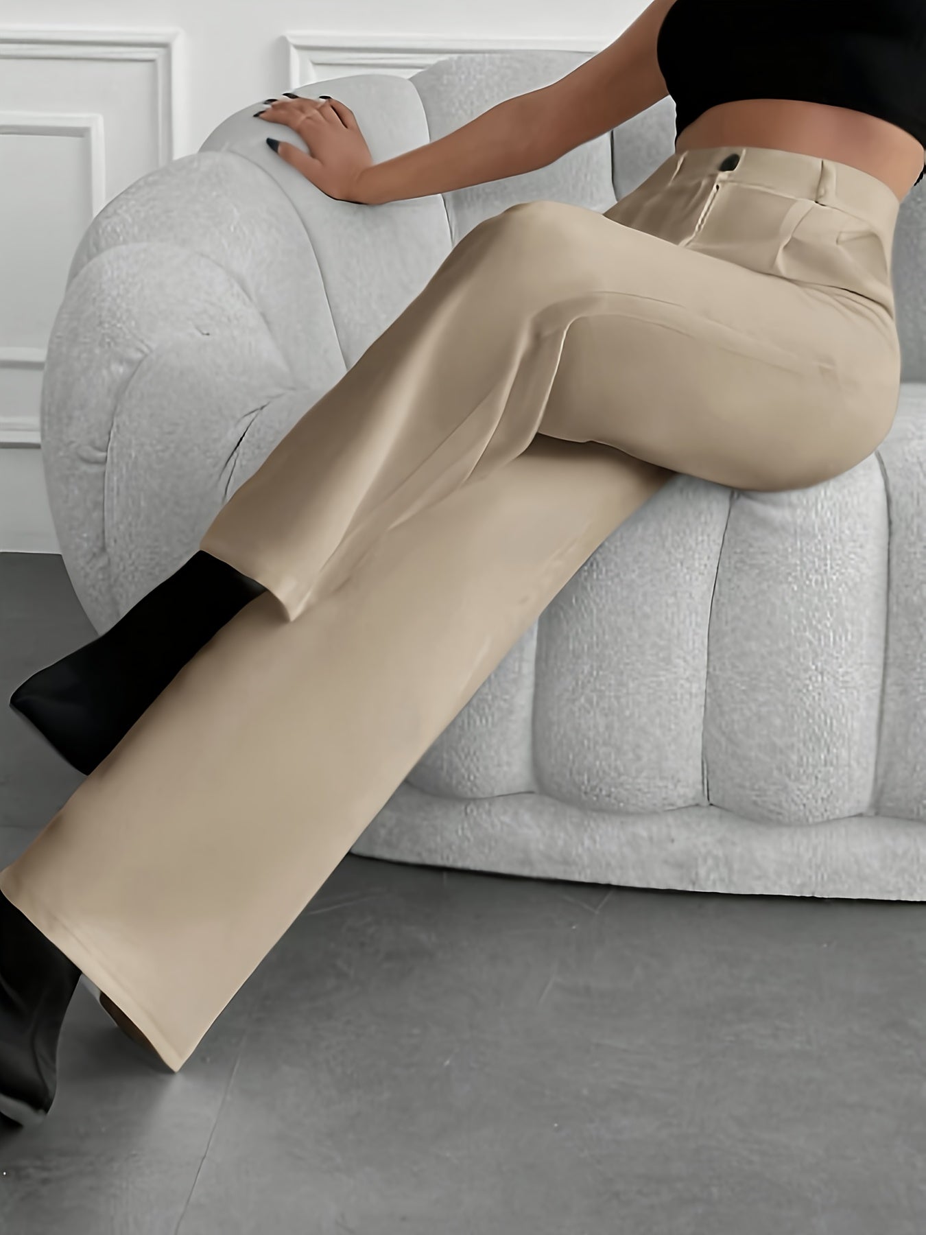 Pantalon Femme Élégant Jambe Large – Noir, Taille Haute avec Ceinture et Poches Latérales