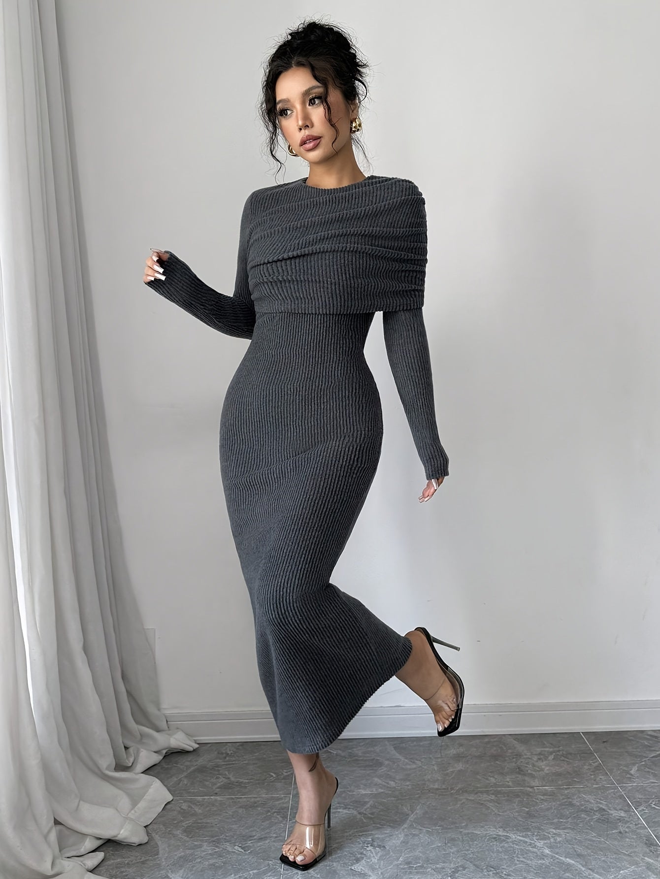 Robe Longue Moulante Femme – Manches Longues, Élégante et Polyvalente, Coupe Flatteuse pour Soirées, Bureau et Quotidien, Robe de Soirée Toutes Saisons, Fente Haute, Couture de Qualité, Tenue Chic pour Amatrices de Mode