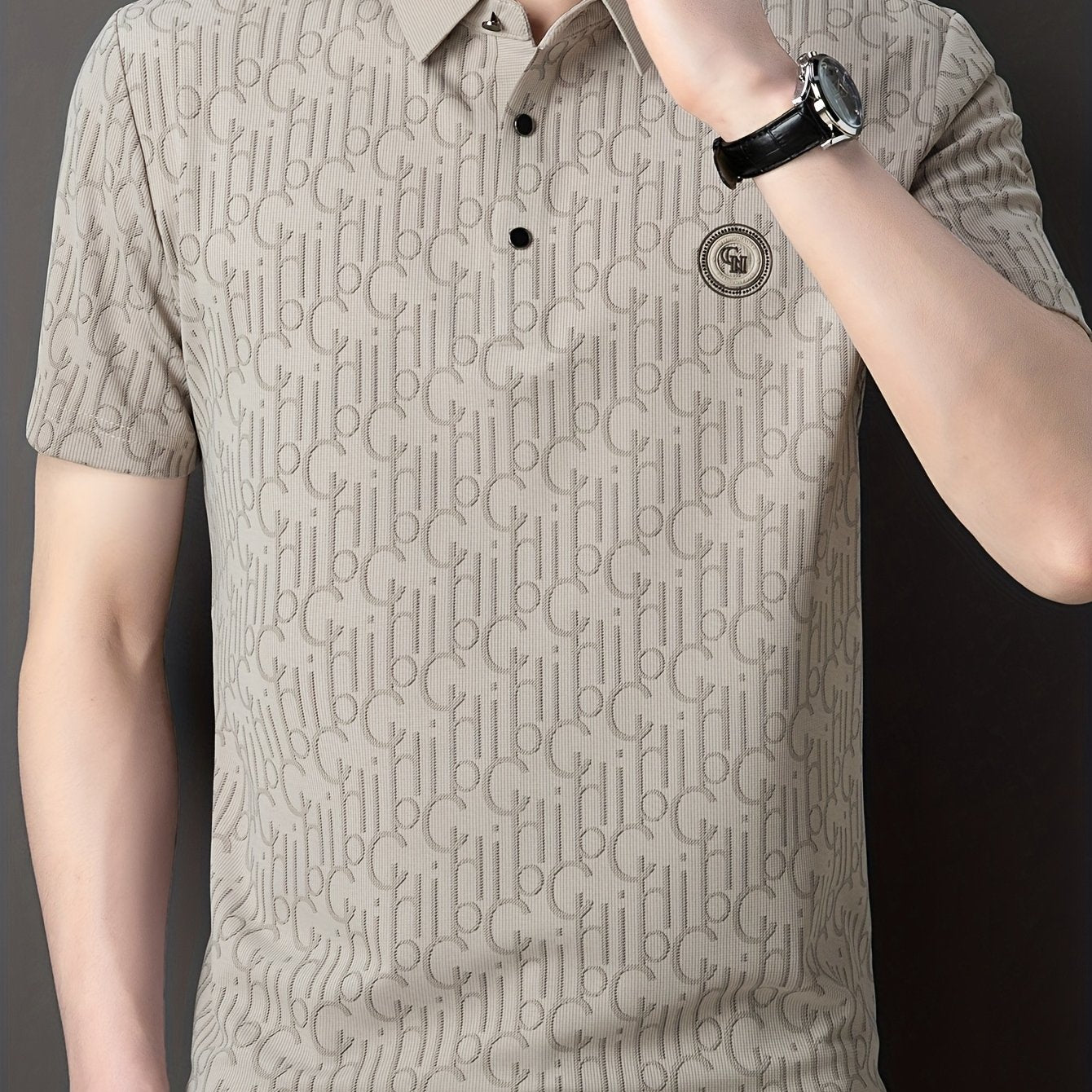 Men'S Breathable Summer Graphic T-Shirt - Short Sleeve, Button-Up Collar, Casual Streetwear with Stylish "H" Print Design, Lightweight Polyester Fabric for Golf, Tennis & Weekend Outing