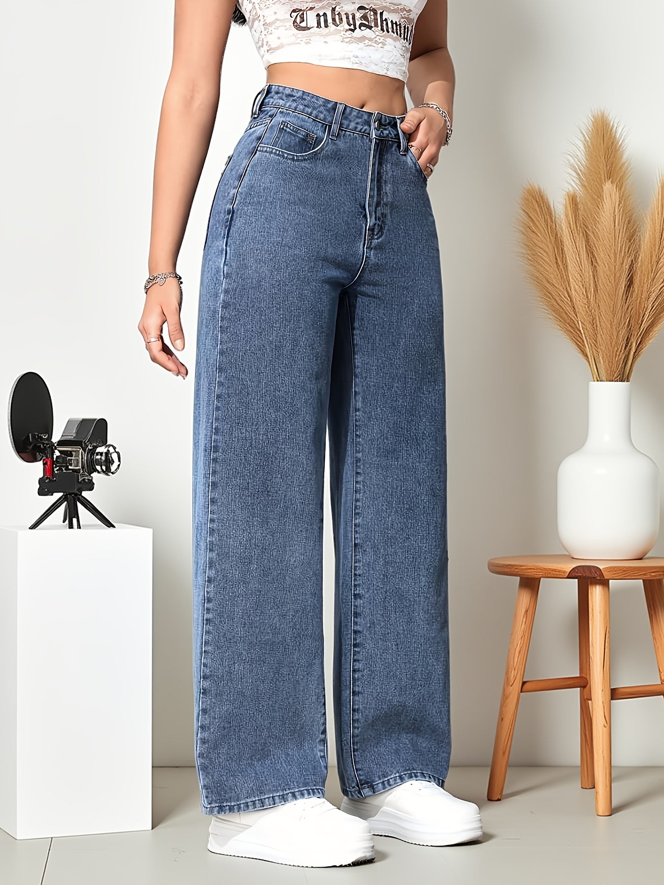 Jeans Femme Bleu Foncé Effet Snowflake Jambe Droite Large Non Extensible Zippé Toute Saison Décontracté et Formel