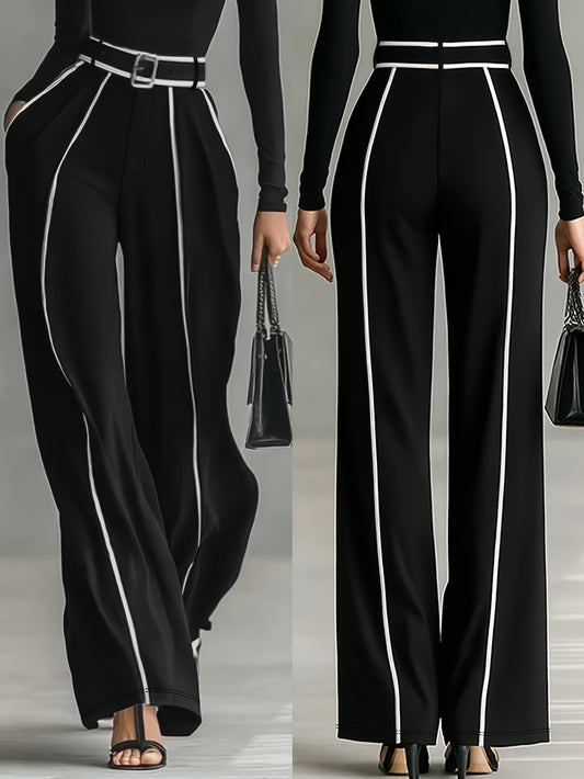 Pantalon Taille Haute Jambe Droite – Jambe Large, Rayé Noir et Blanc, Ceinture Ajustable, Bureau et Décontracté, Lavable en Machine