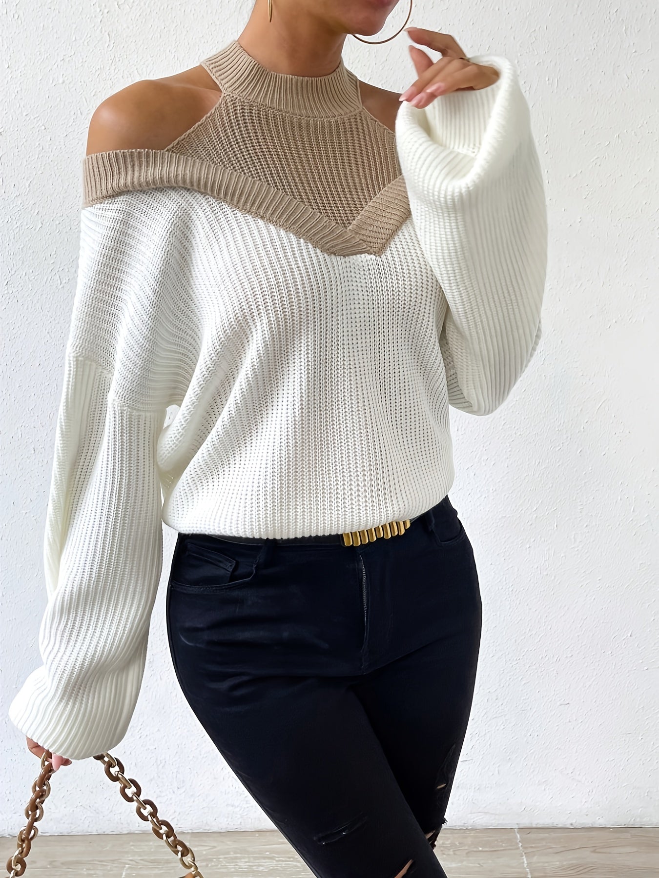 Pull élégant épaules dénudées pour femmes – Manches longues, doux, couleur unie, coupe régulière, automne/hiver, polyvalent casual et formel, lavage à la main ou nettoyage à sec