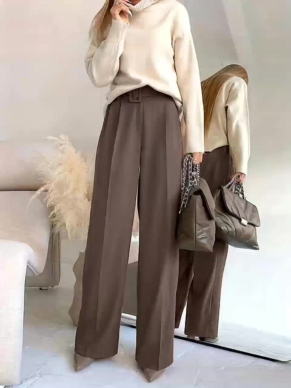 Pantalon Femme Élégant Jambe Droite – Polyester, Ceinturé, Couleur Unie, Confortable, Bureau et Décontracté, Printemps/Automne