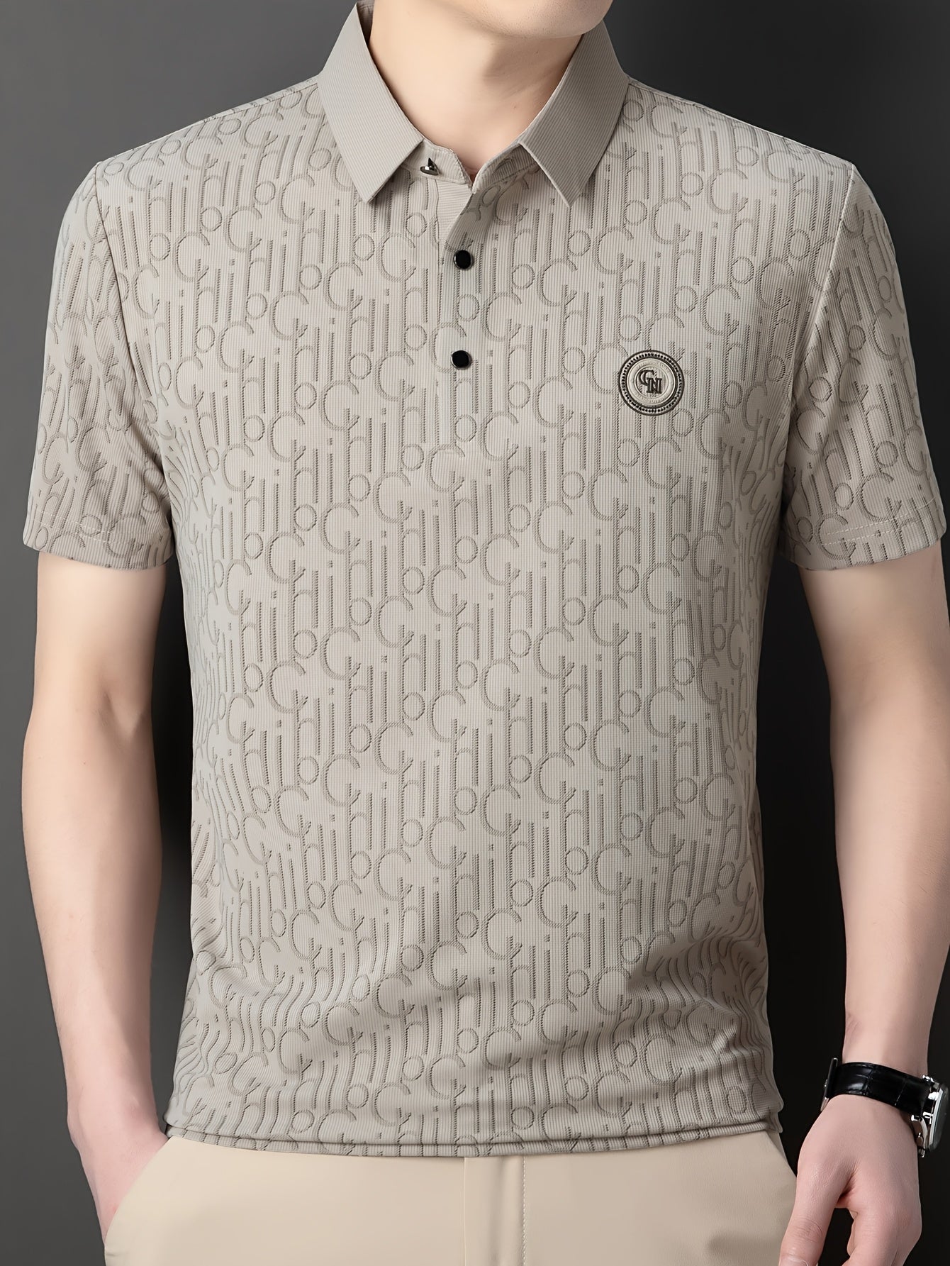 Men'S Breathable Summer Graphic T-Shirt - Short Sleeve, Button-Up Collar, Casual Streetwear with Stylish "H" Print Design, Lightweight Polyester Fabric for Golf, Tennis & Weekend Outing