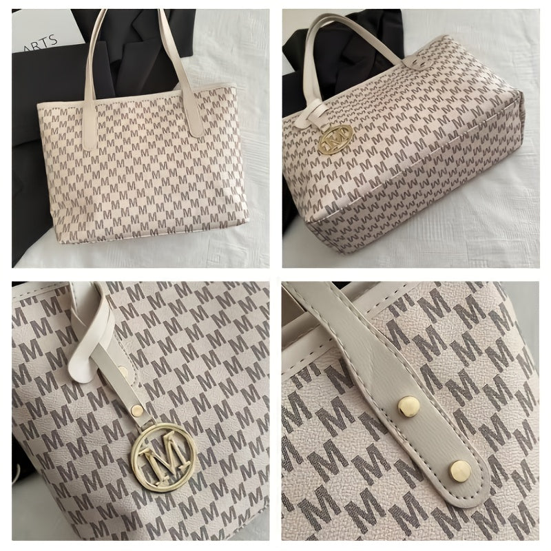 Grand sac cabas femme style designer, cuir synthétique géométrique, bandoulière chaîne dorée amovible, détail monogramme « M », léger, idéal pour bureau, école ou shopping, coloris marron café, beige et noir