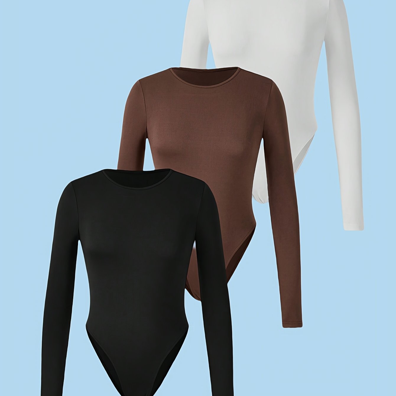 Lot de 3 hauts femme à manches longues, coupe slim et col rond, tissu extensible haute élasticité, couleur unie, lavables en machine, parfaits pour toutes saisons, style polyvalent et confortable