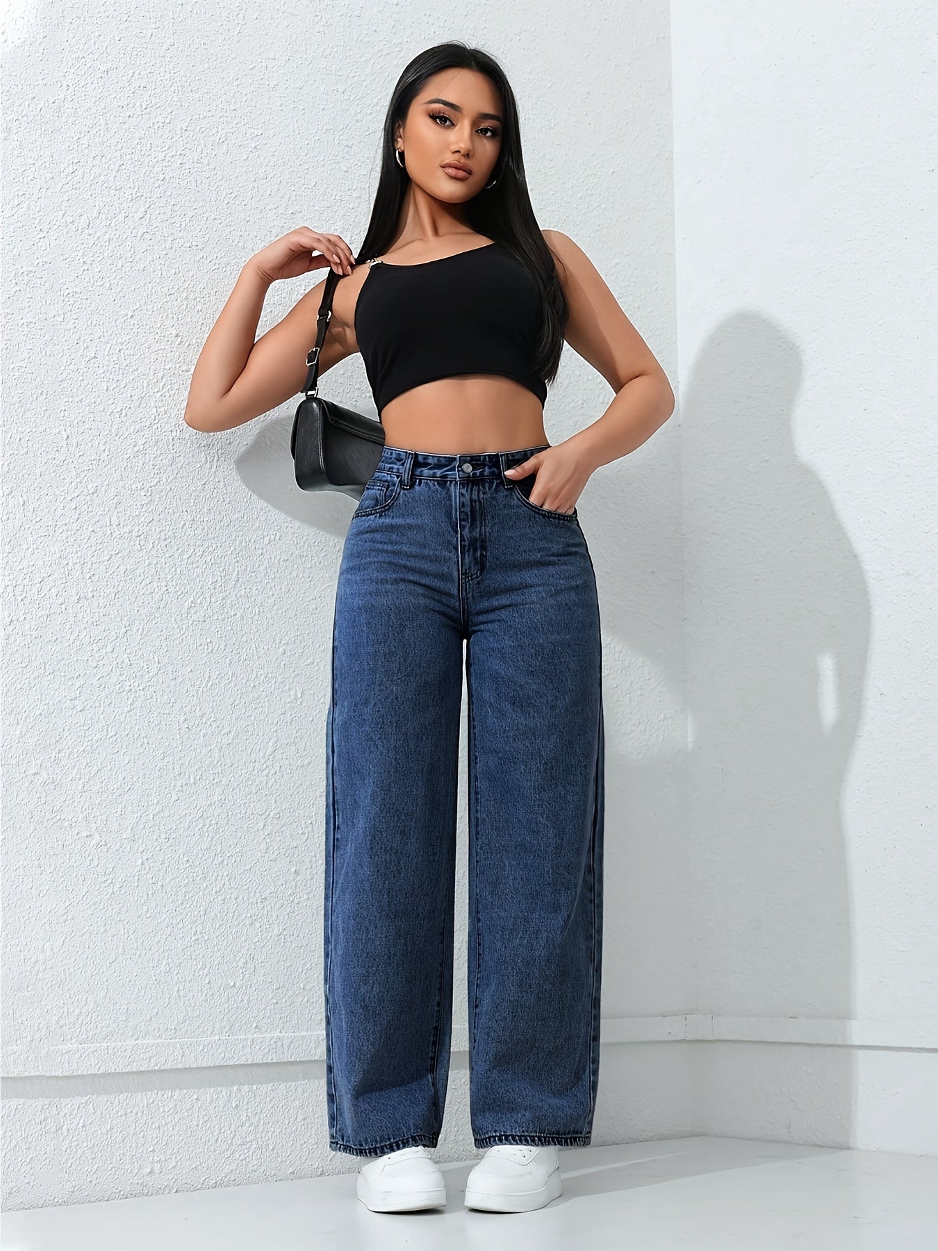 Jean ample à jambes droites pour femme avec poches, jean non extensible, jean taille haute style baggy, jean mom taille haute, jean à taille élastique