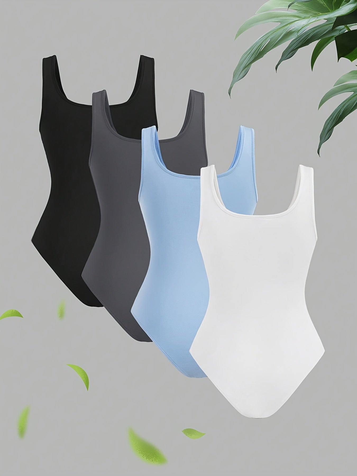 Lot de 4 bodys unis pour femme, style débardeur sans manches. Design simple et décontracté, parfait pour le printemps et l’été
