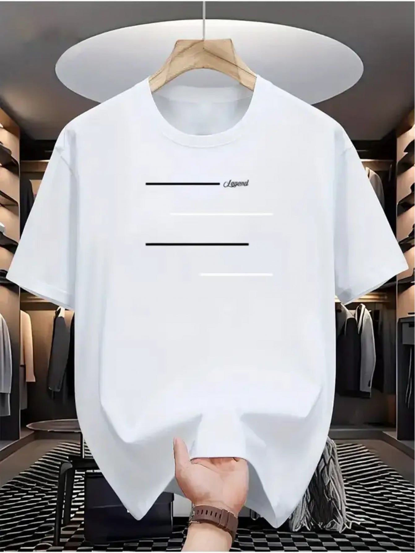 100% Cotton Unisex Loose Fit T-Shirt, Round Neck, Pure Cotton Positioning Print, 4pcs Horizontal Line Pattern, Casual Short Sleeve, Comfortable for Middle-Aged and Young Men, Trendy Adult T-Shirt XZL13