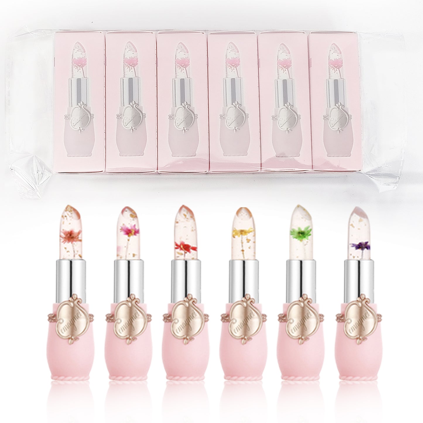 Set 6 Pièces Rouge à Lèvres Gelée – Fleurs Séchées, Changeant de Couleur avec la Température, Transparent, Anti-Transfert, Emballage Individuel, Combinaison de Teintes
