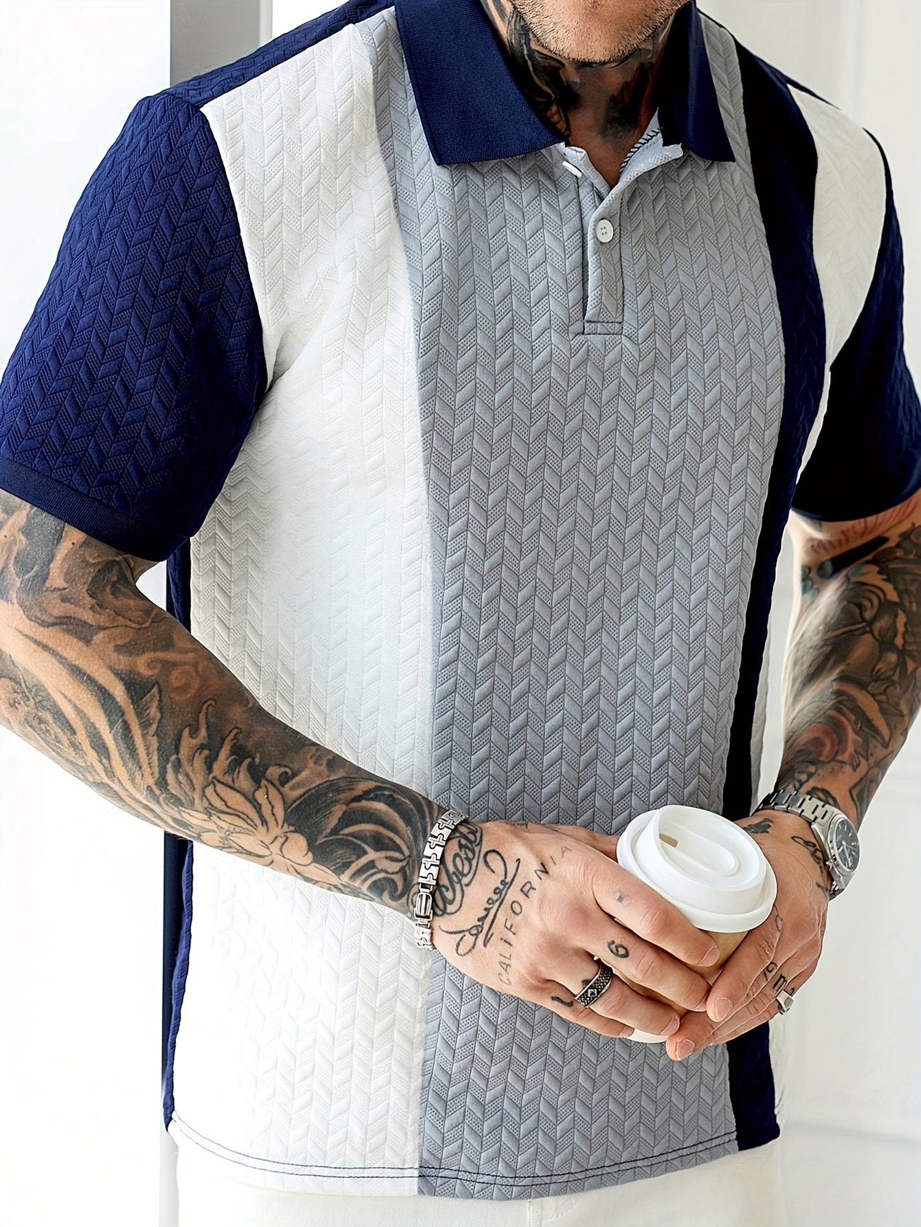 Men'S Short-Sleeve Polo Shirt with a Patchwork Design, Featuring Buttons And a Textured Knit, Perfect for Casual Summer Wear with a Stylish And Comfortable Fit.