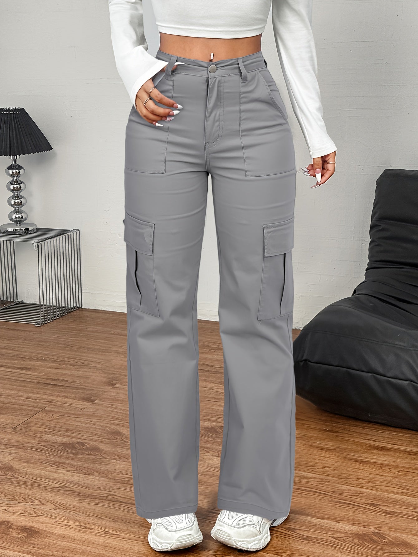 Jeans Cargo Femme – Taille Haute, Beige, Poches Multiples, Jambe Droite, Style Streetwear Hip-Hop