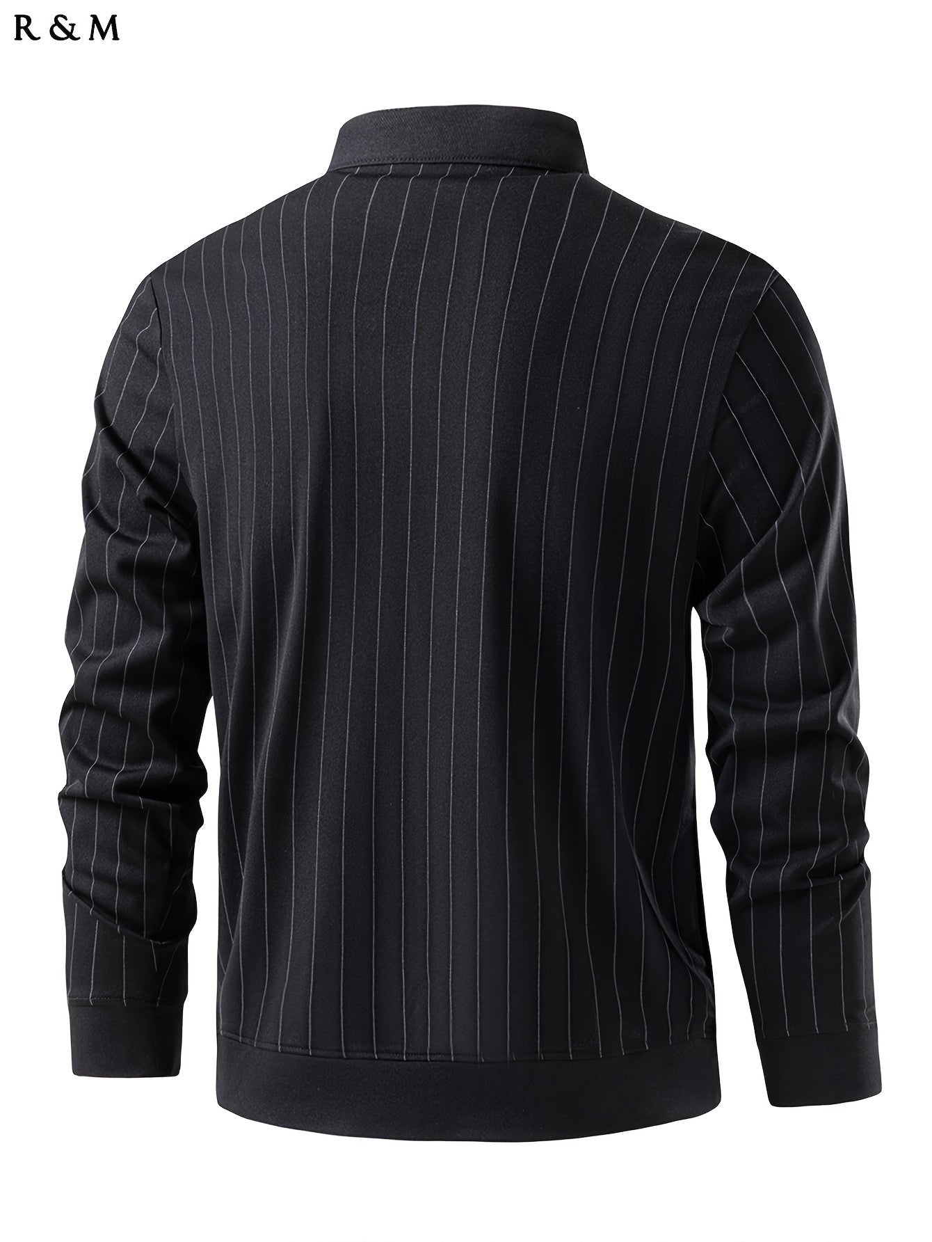 Mens Slimming Vertical Striped Long Sleeve T-Shirt - Light Business Style, Stand Collar, Four-Season Comfort, Regular Fit, Black with Dark Stripes, Hand Wash Only, Casual Wear, Elegant Pullover, Durable Casual Wear