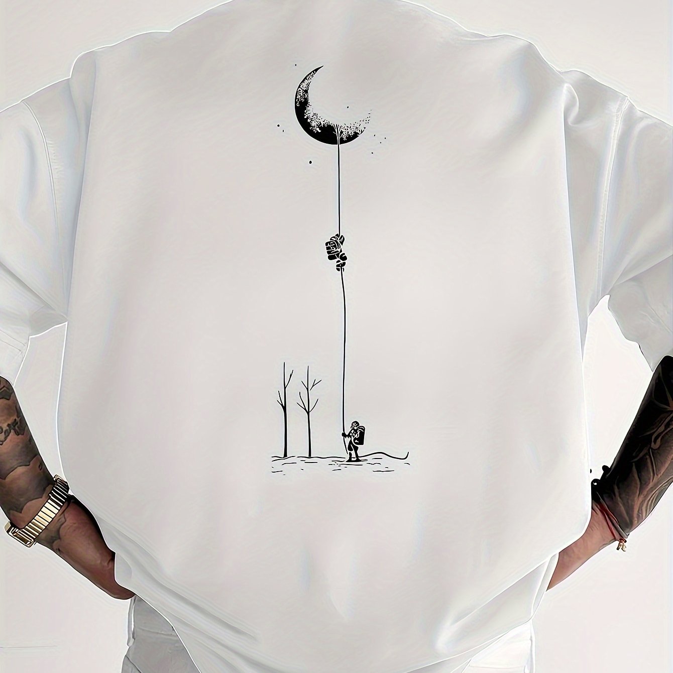 Moon and Trees Design Front & Back Graphic Crew Neck Cotton Summer Fashion Short Sleeve Casual Daily Style Top with Unique Geometric Pattern, Suitable for Spring/Summer Outdoor Activities