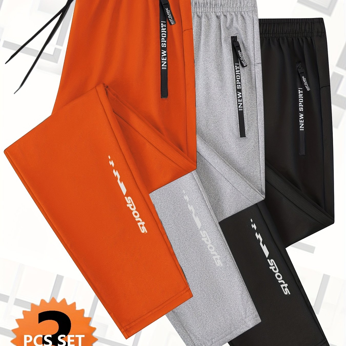 3pcs Joggers Homme – Cordon, Poches Zippées, Sport & Casual, Noir, Tout Saison