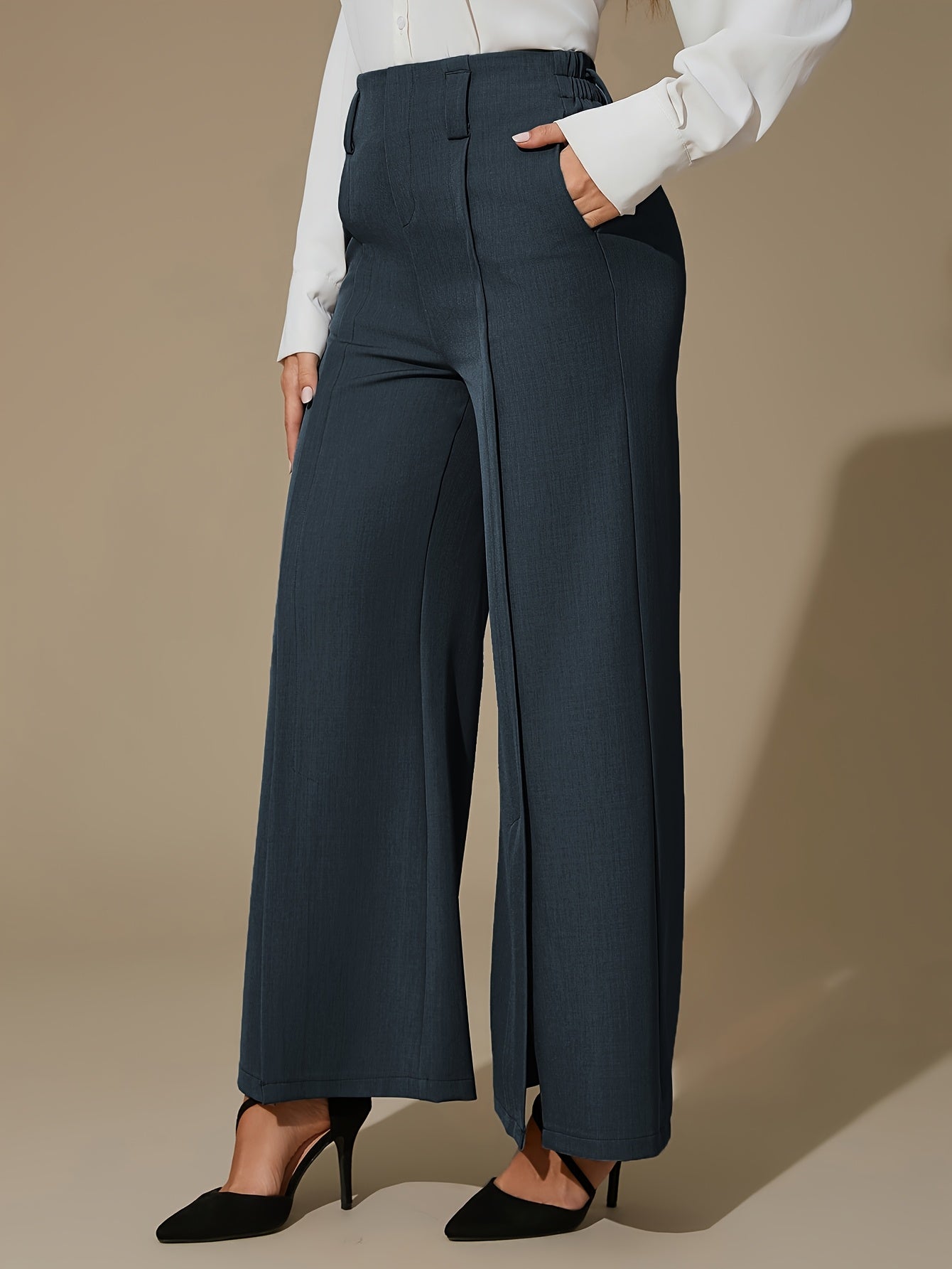 Pantalon Femme Élégant Jambe Large – Taille Élastique, Sans Ceinture, Tous Saisons, Bureau et Décontracté