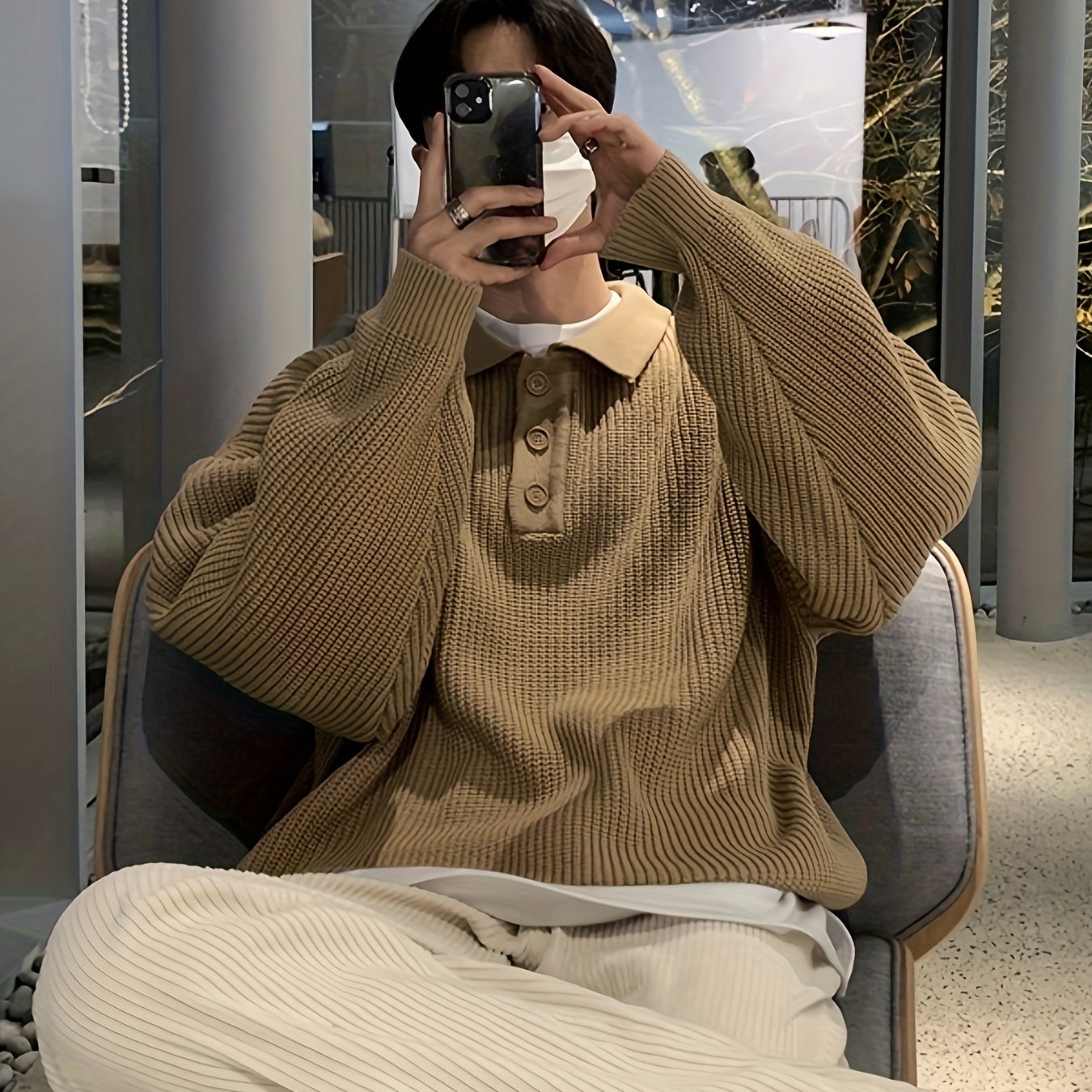 Korean-Style Plush Knitted Sweater with a Trendy Collar, Perfect for Winter Versatility, Selected by Temujin.