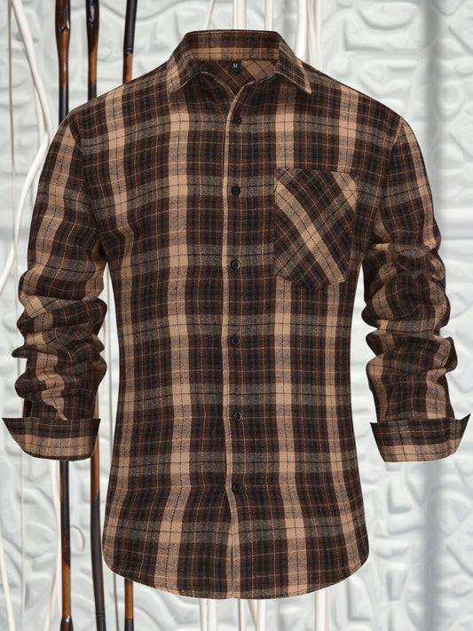 Men'S Long Sleeve Plaid Flannel Shirt - Cozy Brown & Beige Checkered Pattern, Casual Button-Up with Chest Pockets, Slim Fit for Spring/Fall, Perfect for Casual Attire, Fall Clothing | Slim Fit Shirt | Nonstretch Fabric