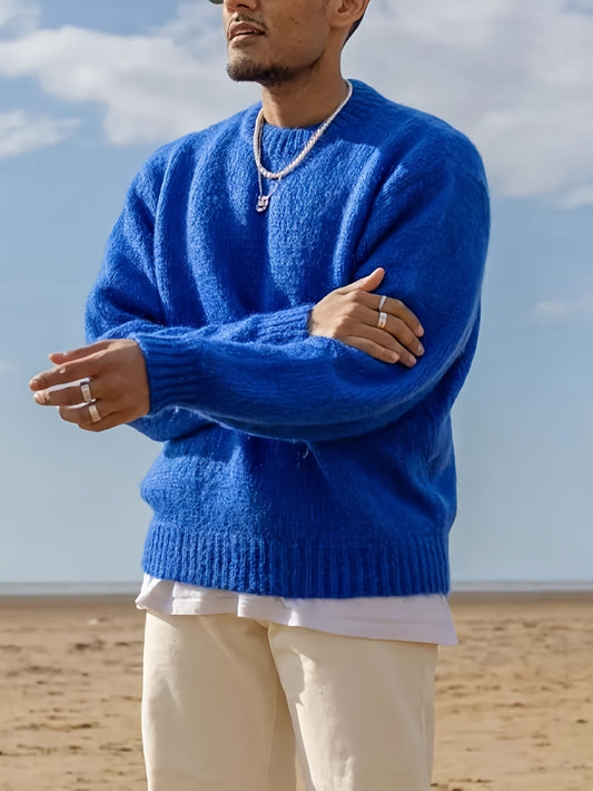 Unisex Casual Knit Sweater - Loose Fit, Long Sleeve, Round Neck, Solid Color Blue, Perfect for Fall/Winter Fashion, Essential for Casual Attire, Ribbed Texture, Machine Washable, Ribbed Sweate