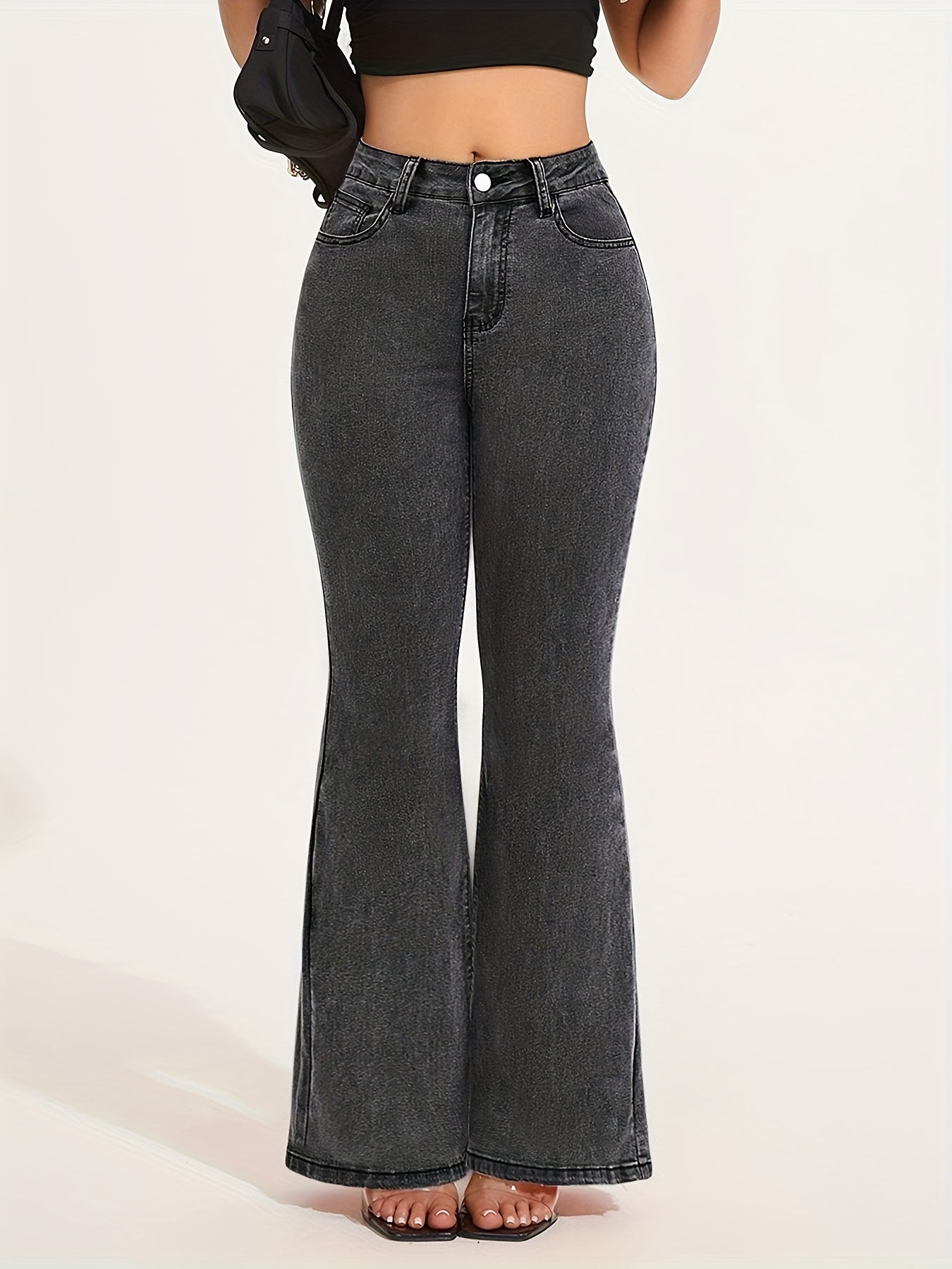 Jean évasé taille haute en denim stretch pour femme - Pantalon élégant gris délavé à jambes évasées avec fermeture à boutons, confortable en toute saison, jean taille haute