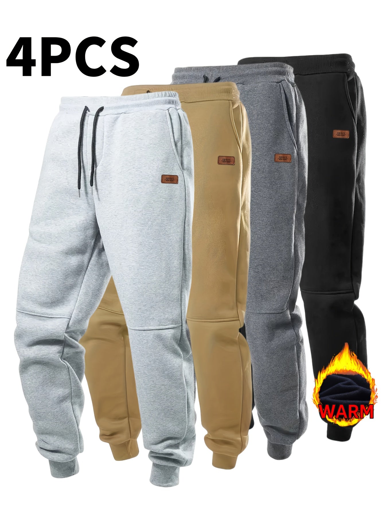 4pcs Pantalons Sport Homme – Automne/Hiver, Cordon, Tissu Élastique, Doublure Chaude, Casual
