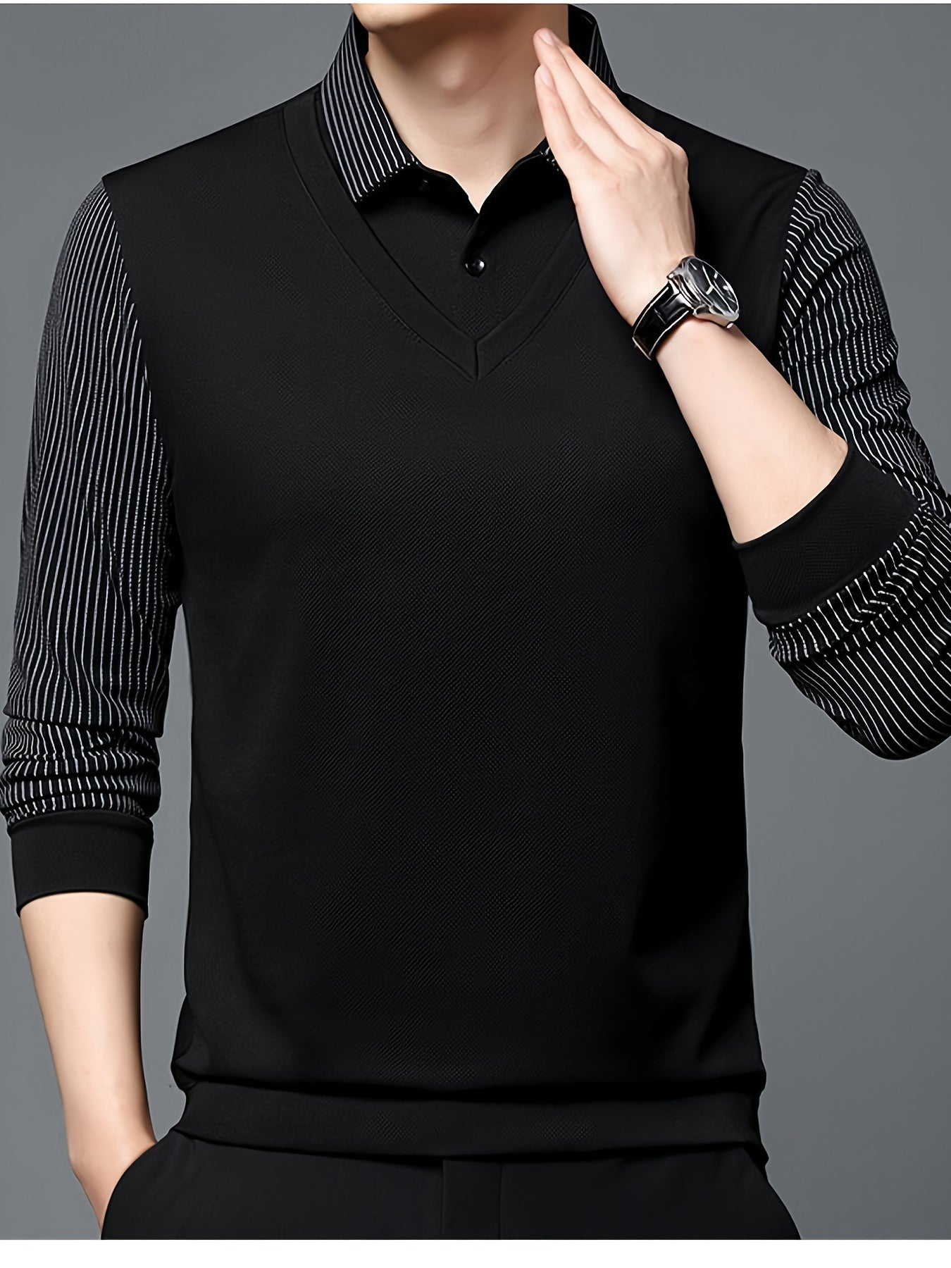 Men'S Casual Two-Tone Polo Shirt - Lightweight Loose Fit Solid Color Top with Button Collar, Long Sleeves, and Chest Pockets for Spring/Fall, Perfect for Casual Attire, Spring Fall Apparel | Classic Collar Design | Slight Str