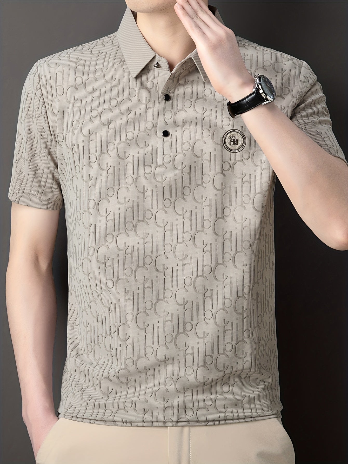 Men'S Breathable Summer Graphic T-Shirt - Short Sleeve, Button-Up Collar, Casual Streetwear with Stylish "H" Print Design, Lightweight Polyester Fabric for Golf, Tennis & Weekend Outing