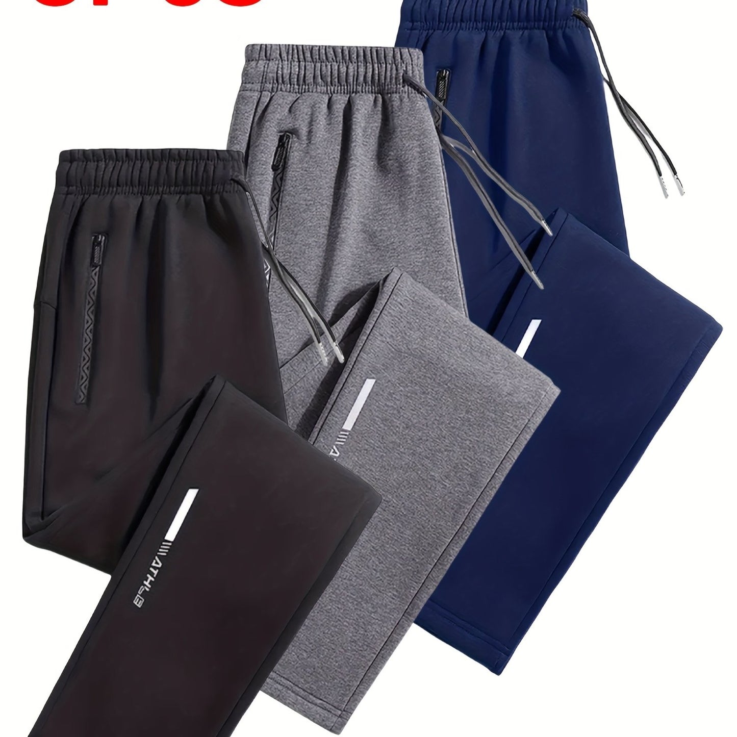 Lot de 3 Joggers Homme – Tissu Maille Douce, Taille à Cordon, Jambe Droite, Poches Zippées, Gris Chiné/Bleu Marine