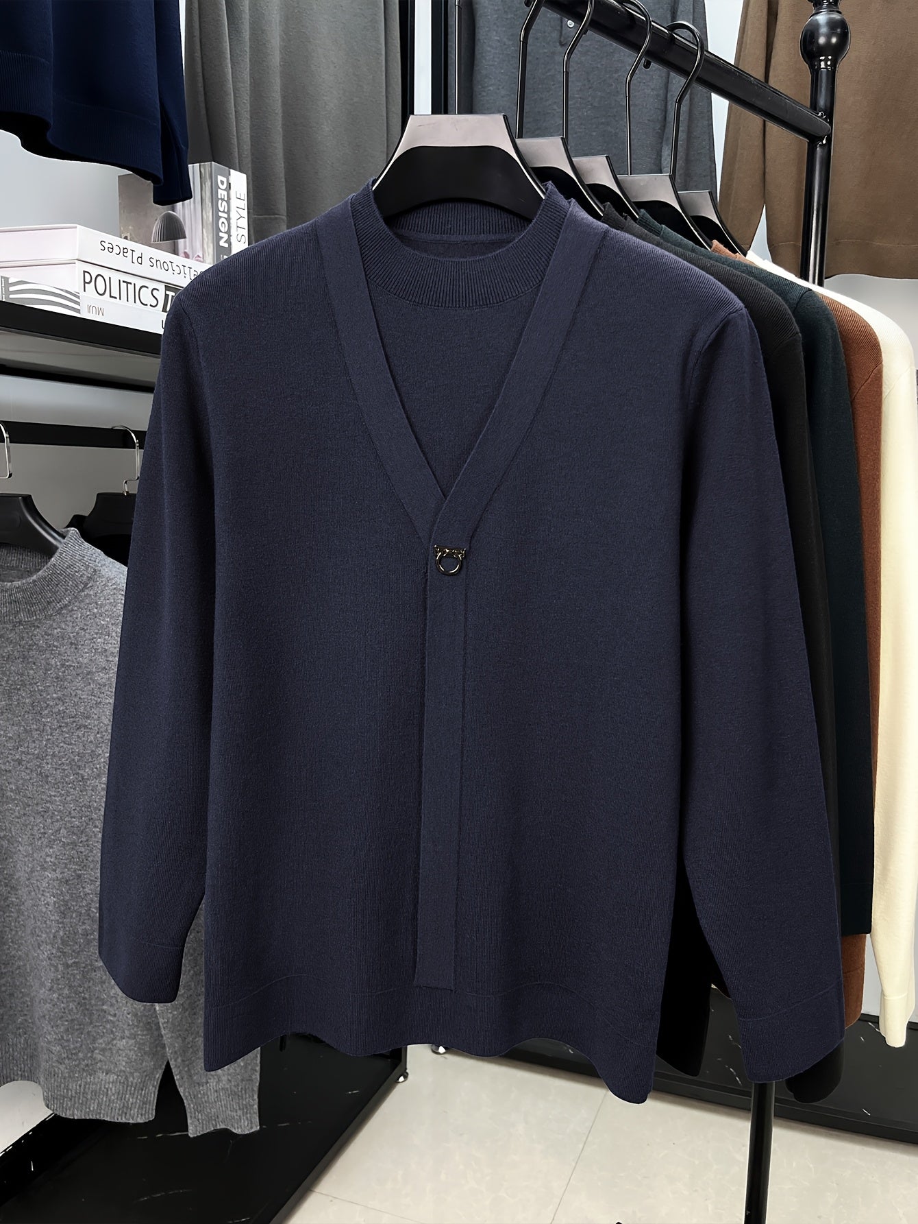 New Autumn And Winter Men'S Fashion: a Round-Neck Long-Sleeve Sweater That Looks Like a Two-Piece, Suitable for Business Casual Wear, Featuring a Faux Placket Design, Knit