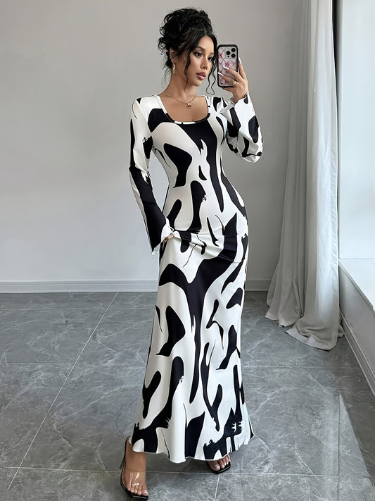 Robe longue élégante à imprimé tropical pour femme, manches longues, bretelles croisées, taille cintrée et manches évasées, coloris noir et blanc, parfaite pour printemps, été et automne