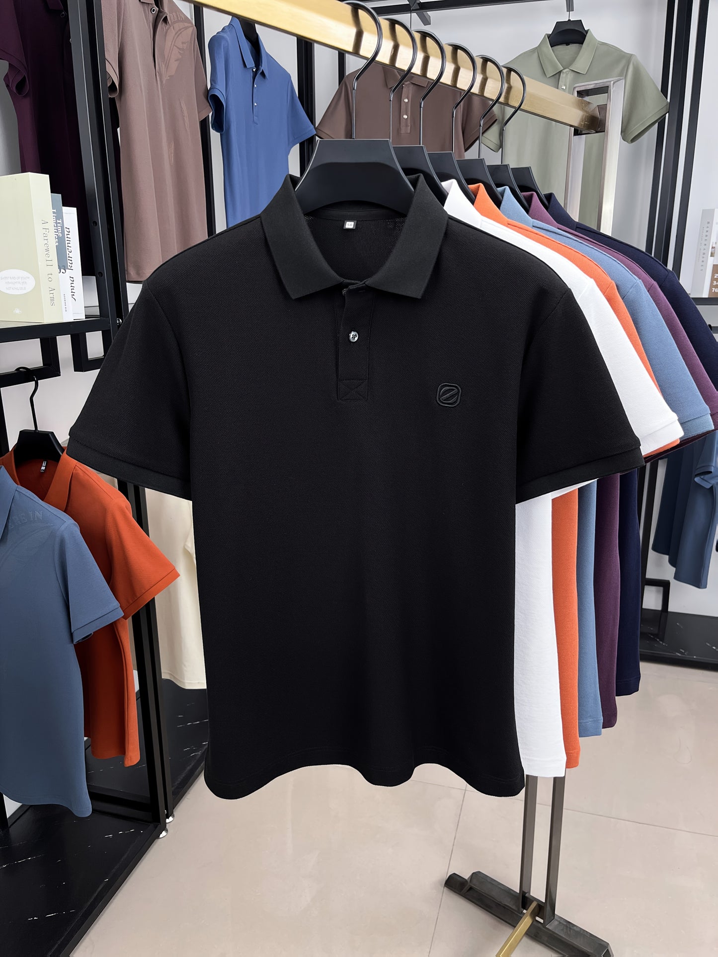 Men's Slim-Fit Short Sleeve Shirt - Breathable Black with White Collar & Logo, Classic Lapel Neck, Wrinkle-Resistant Fabric for Spring/Autumn, Versatile Casual & Semi-Formal Wear - Easy Care (Hand Wash/Dry Clean) - ZBZP25 Col