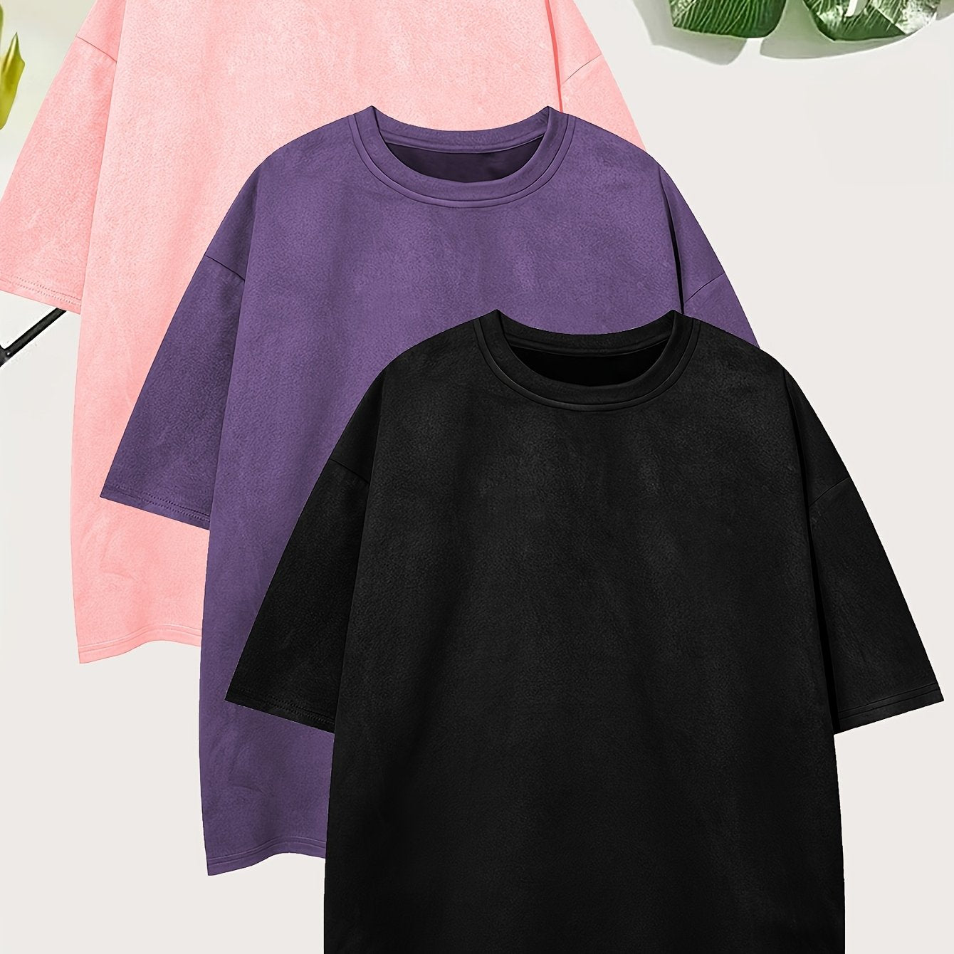 Pearson OBM Men'S Casual Loose Solid Color Faux Suede T-Shirt Set of 3, Short-Sleeve Round Neck Comfortable Tops.