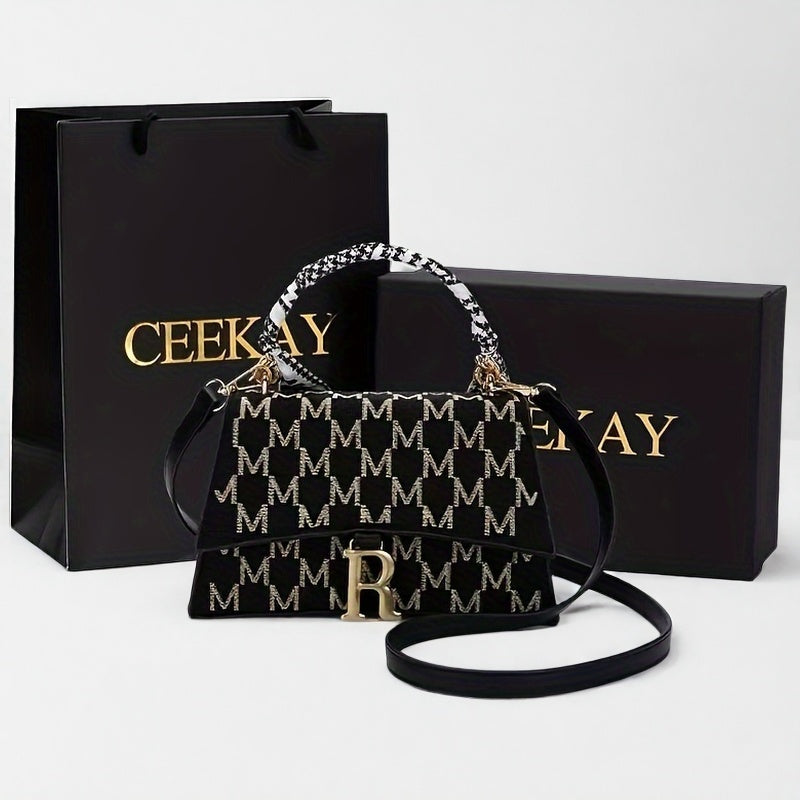 Sac épaule noir et blanc avec lettre « M » et ferrure dorée – bandoulière ou crossbody polyvalent, grande capacité, cadeau idéal pour femmes, accessoire chic, parfait pour Noël