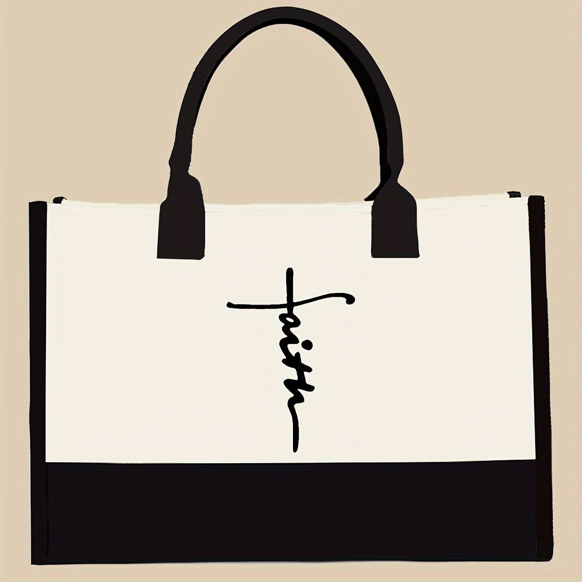 Sac Cabas « Faith » Grande Capacité – Toile Durable, Design Bicolore (Noir/Blanc), Intérieur Spacieux, Bandoulières Fixes, Idéal pour Shopping, Voyages et Cadeaux | Sac Noir Élégant | Poignées Solides