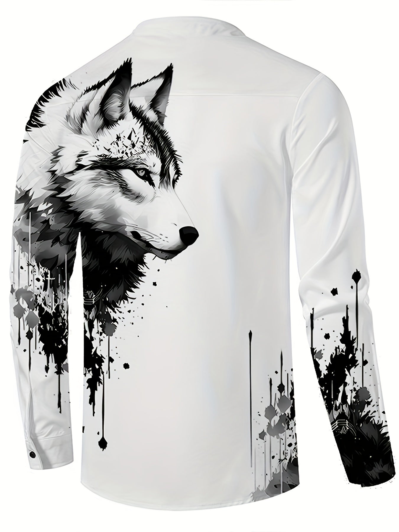 7 Button Long Sleeve Henley Shirt for Men - Casual Stand Collar, Animal Print (Wolf Design), Half Sleeve, Perfect for Spring/Fall, Adult Sizes, Henley Shir