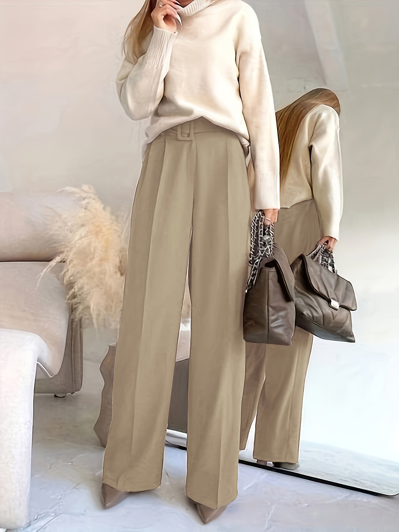 Pantalon Femme Élégant Jambe Droite – Polyester, Ceinturé, Couleur Unie, Confortable, Bureau et Décontracté, Printemps/Automne