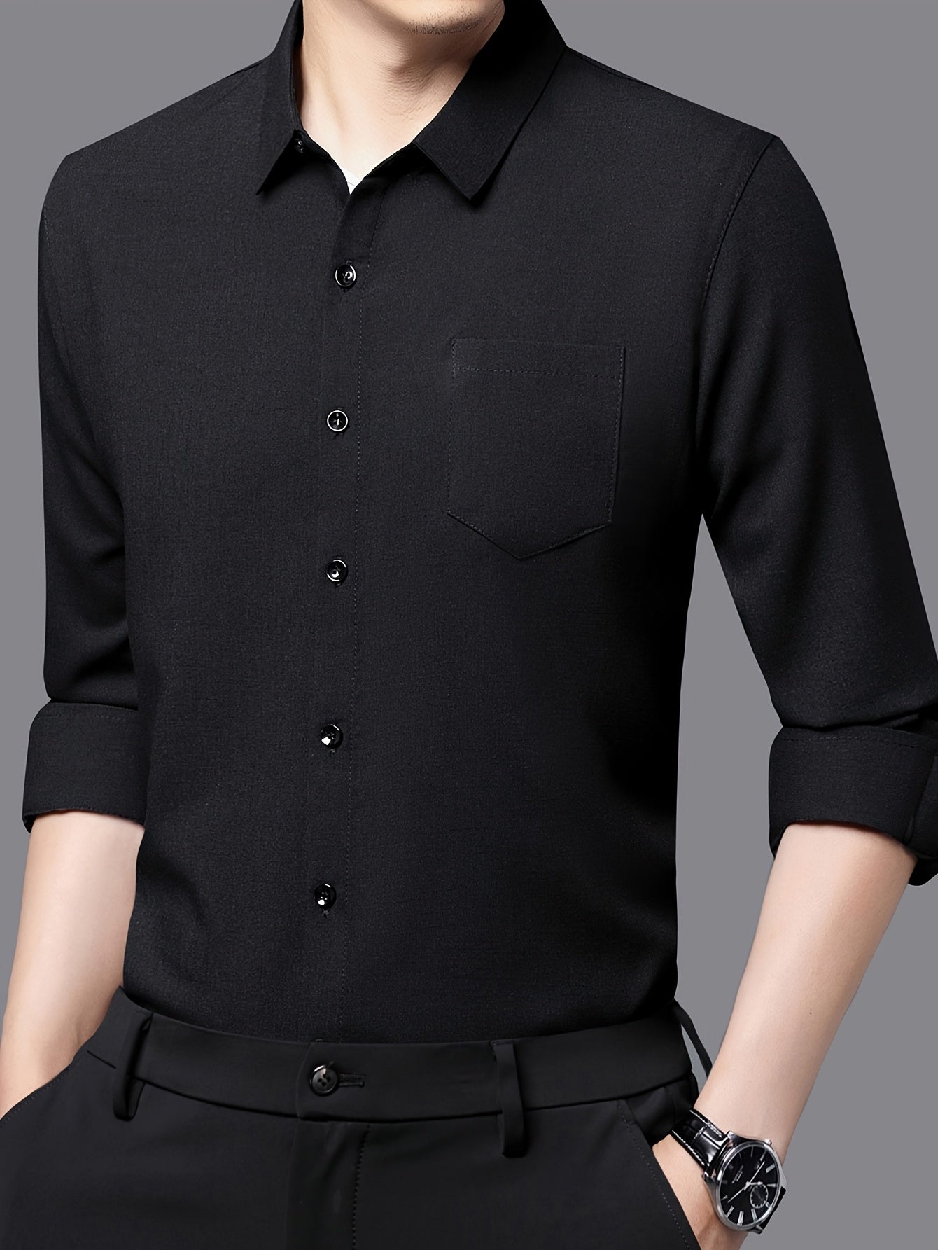 Men's Breathable Long Sleeve Shirt - Black, Button-Up Collar Design with Chest Pocket, Lightweight & Moisture-Wicking Fabric for Casual Wear, Perfect for Spring & Summer, Breathable Apparel | Classic Buttonup Shirt | Nonstret
