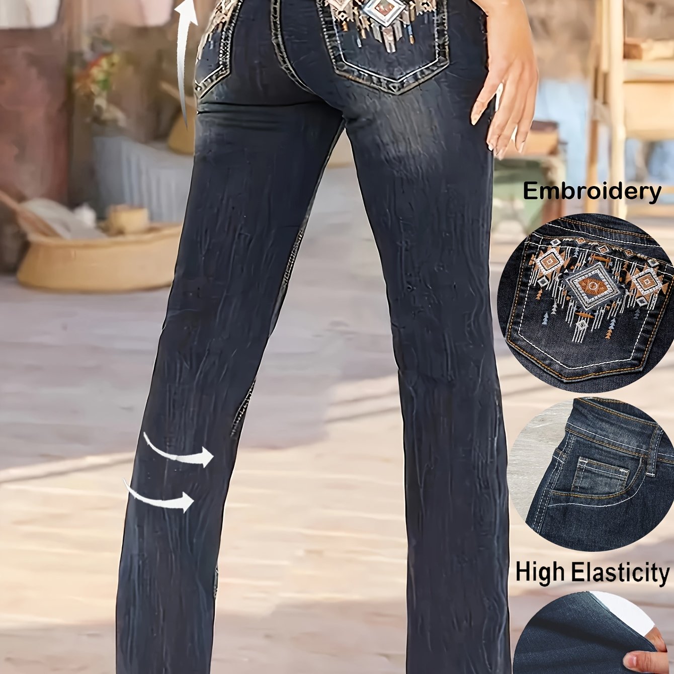 Jean droit casual pour femmes – Polyester extensible, couleur unie, fermeture éclair et bouton