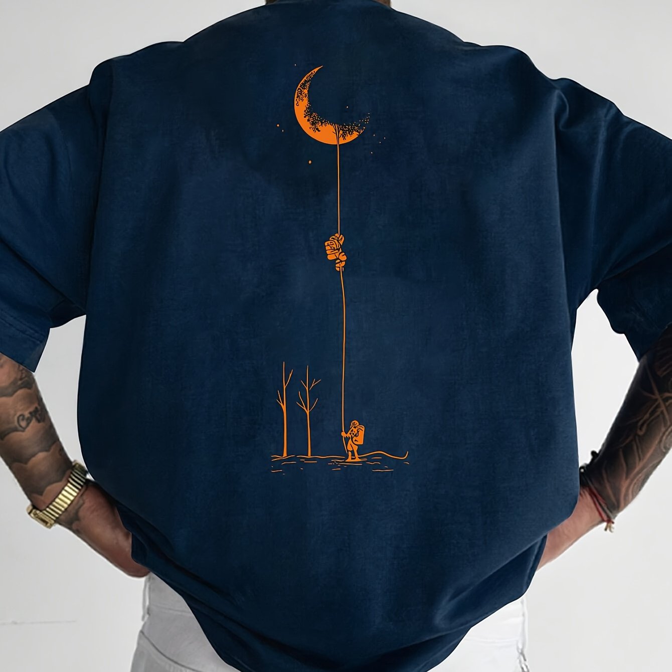 Moon and Trees Design Front & Back Graphic Crew Neck Cotton Summer Fashion Short Sleeve Casual Daily Style Top with Unique Geometric Pattern, Suitable for Spring/Summer Outdoor Activities