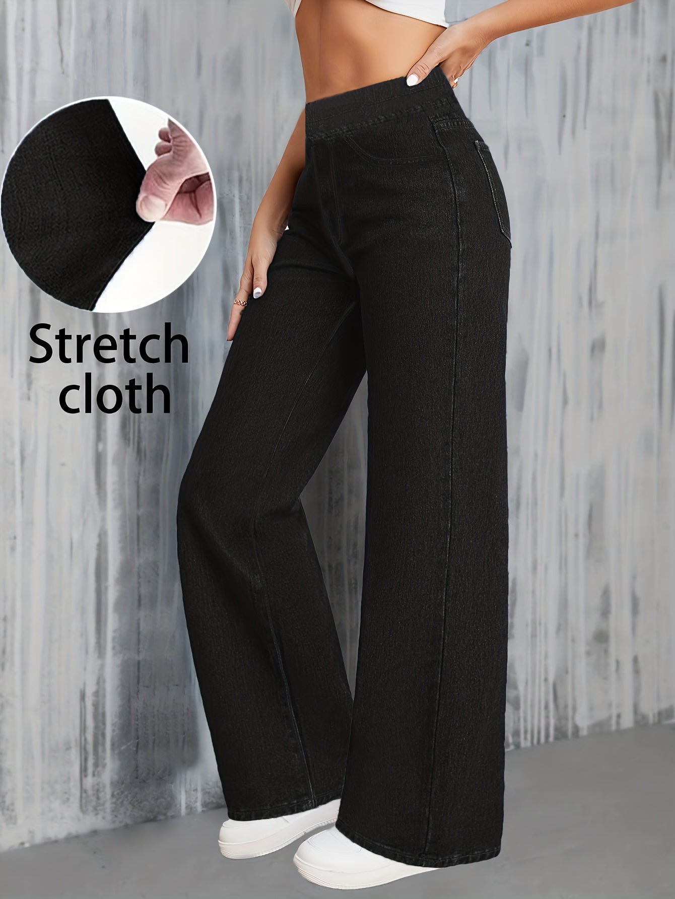 Jeans Femme Taille Haute Jambe Large Extensible Élégant Jambe Droite Poches Ceinture Denim Effet Lavé Toute Saison Décontracté Bureau Voyage