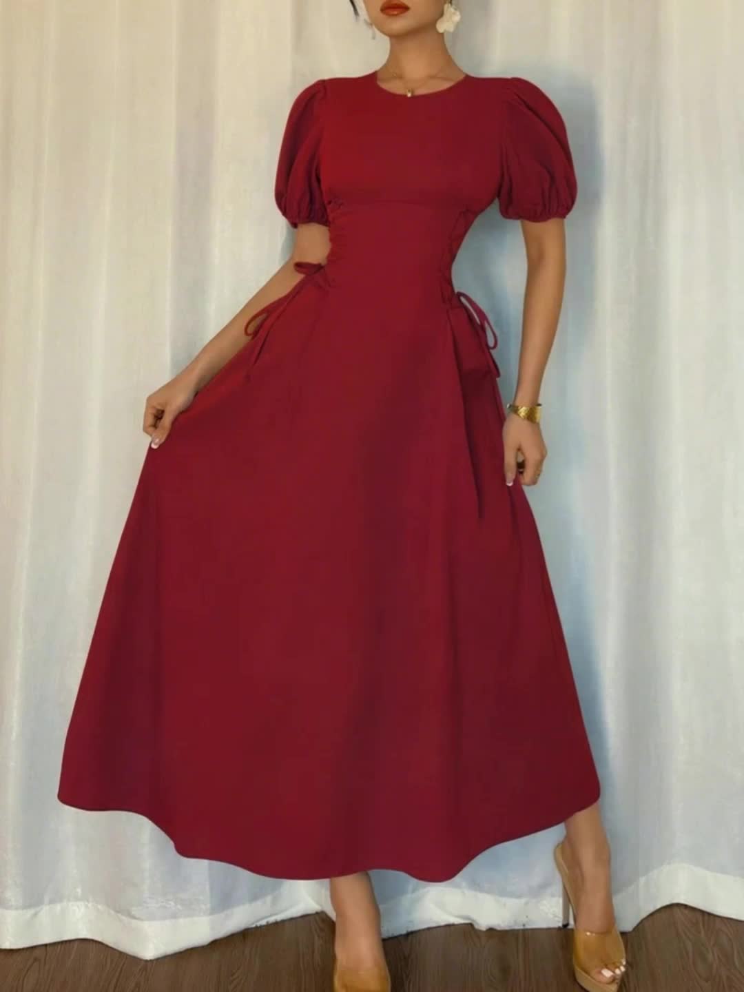 Solid Color Long Dress with Puff Sleeves, Ruffles, and Tie, Suitable for Vacation, Banquet, Party, Formal Wear, and Elegant Dress