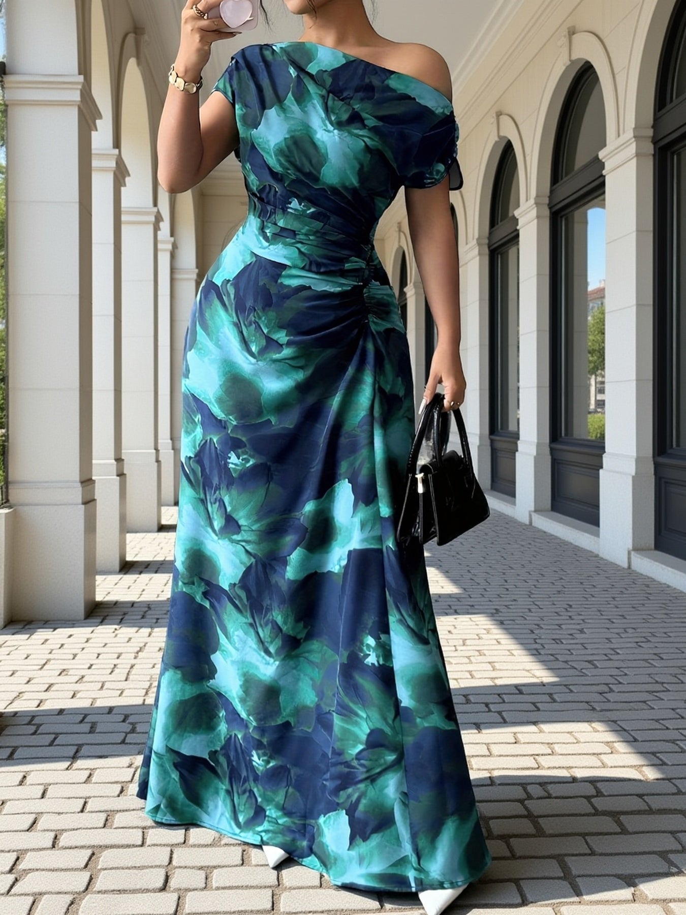 Spring/Summer Women's Dress, Elegant Off-Shoulder Waist-Cinching Business Cocktail Dress, Blue-Green Ink Wash Print Long Dress for Women WJ496