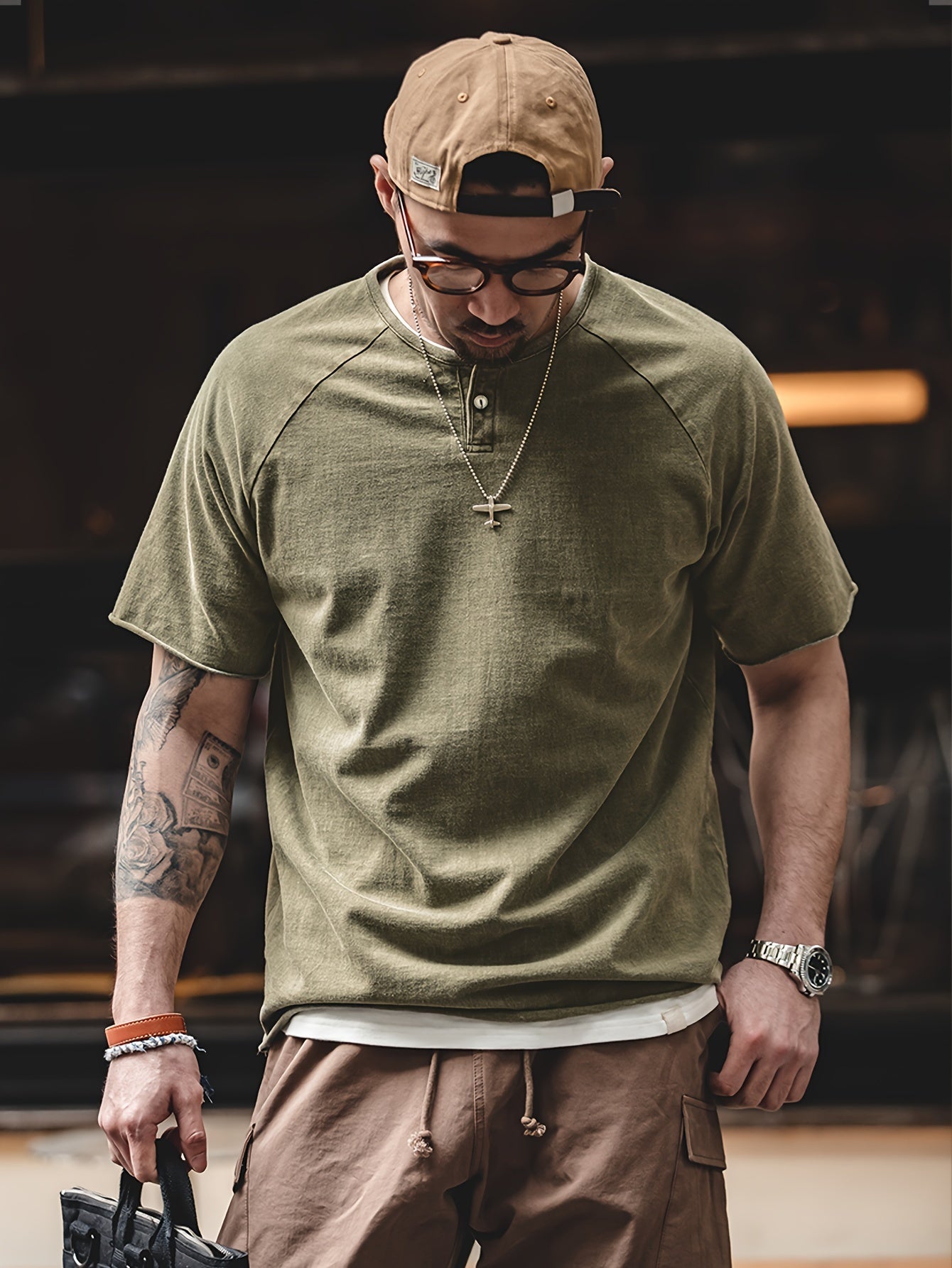 Maden Men's Casual Henry T-Shirt Vintage Inspired Enzyme Wash Tee Slim Fit Stretch Short Sleeve Tshirt, Weekend Attire, Streetwear Style, Distressed Look, Retro Tshirt, Soft, Stretch Fabric, Fitted Shirt, Casual Wardrobe, Urb