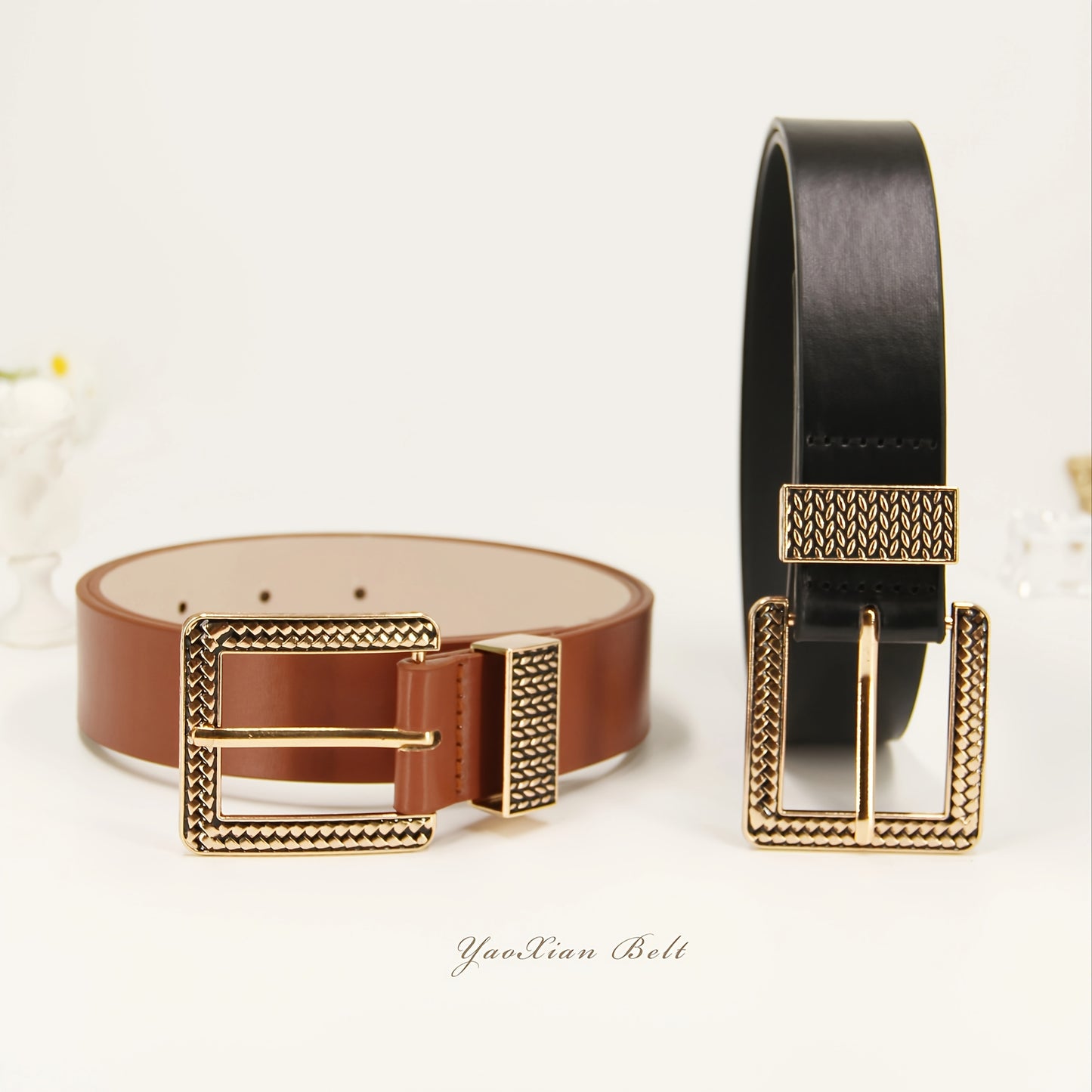 1 pc ceinture pour femmes – Boucle rétro dorée, ceinture en PU faite main, style luxe léger avec motif géométrique, polyvalente pour robes, jeans, tenues décontractées et formelles