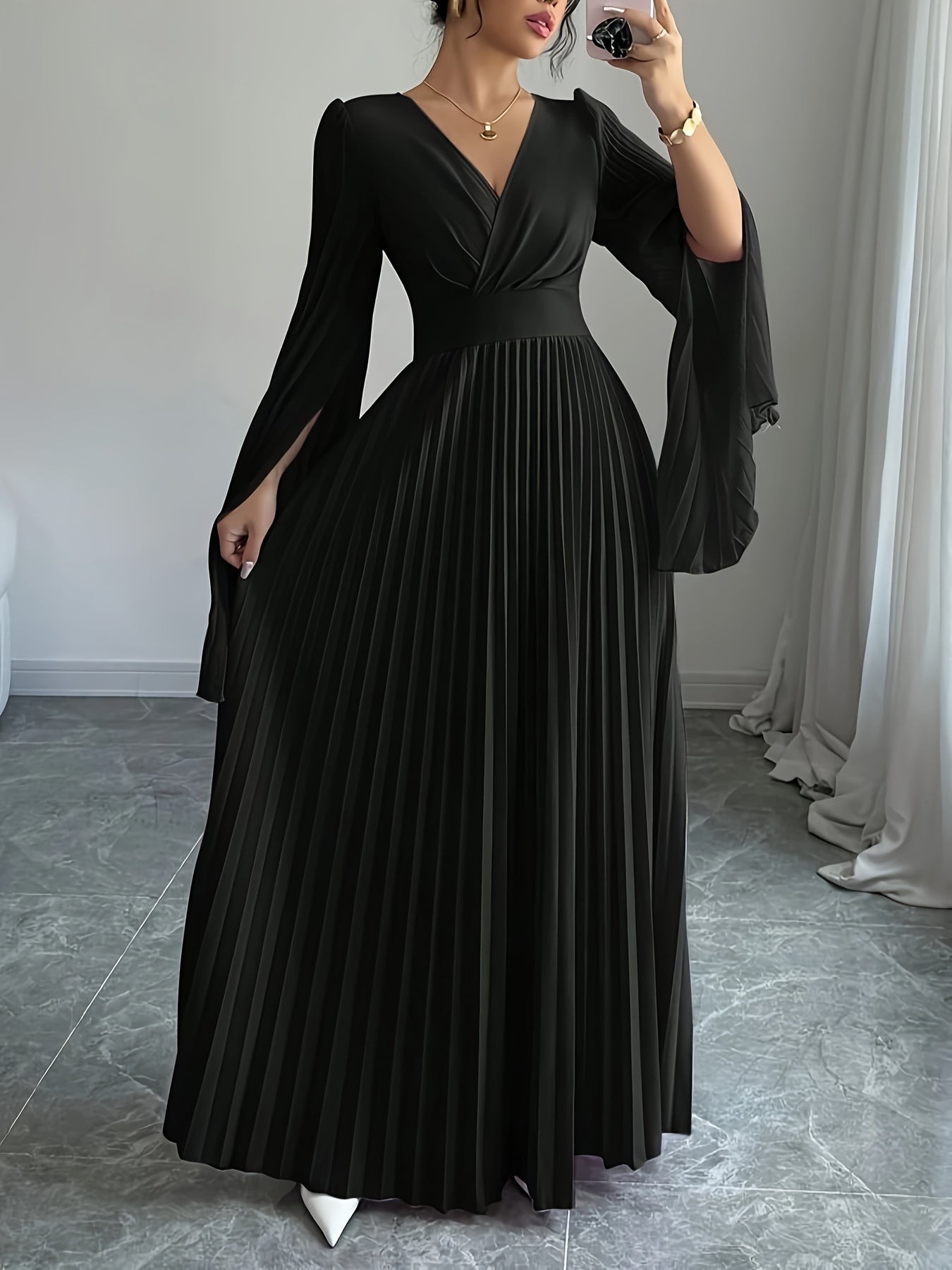 Women's Elegant V-Neck Pleated Open Sleeve Maxi Dress - Fitted Solid Color Machine Washable Spring/Summer Casual & Formal Outfit, Spring Fashion, Quality Craftsmanship