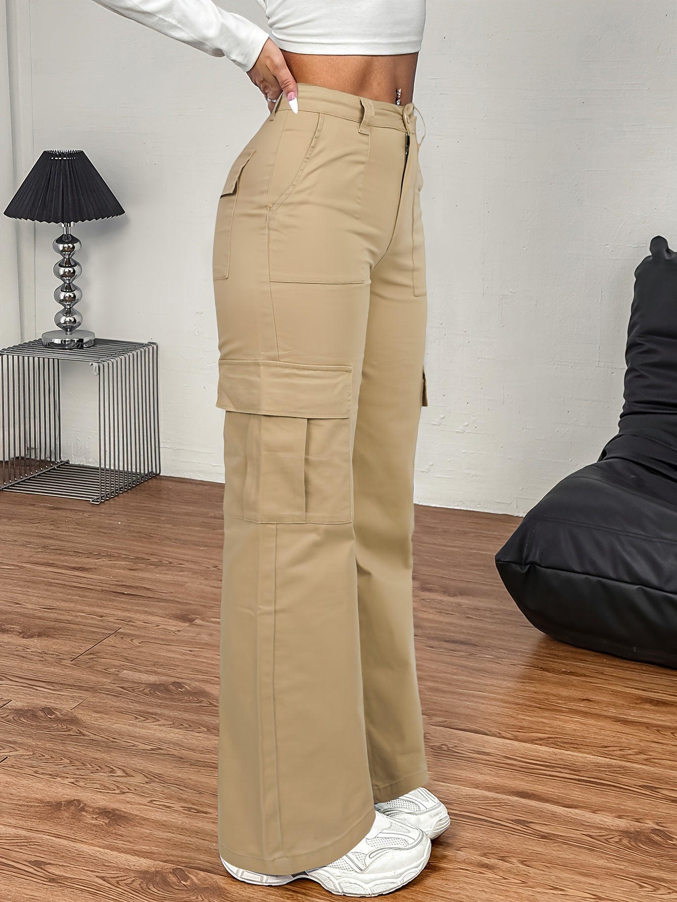 Jeans Cargo Femme – Taille Haute, Beige, Poches Multiples, Jambe Droite, Style Streetwear Hip-Hop