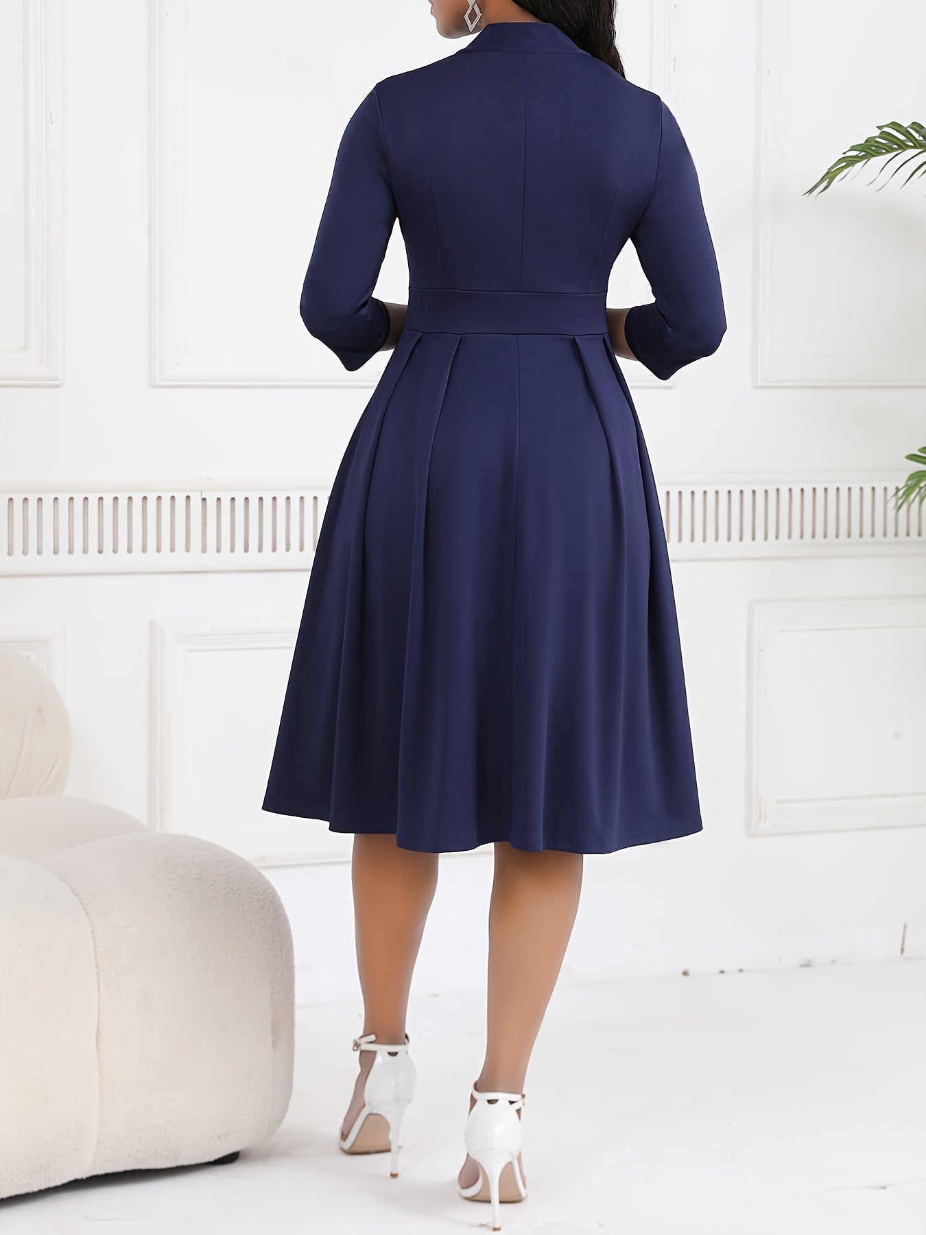 Spring/Autumn Women's Dress with Tie Waist, Elegant and Sophisticated, Business Workplace, Tie-Neck Navy Blue Midi Dress HRYY116
